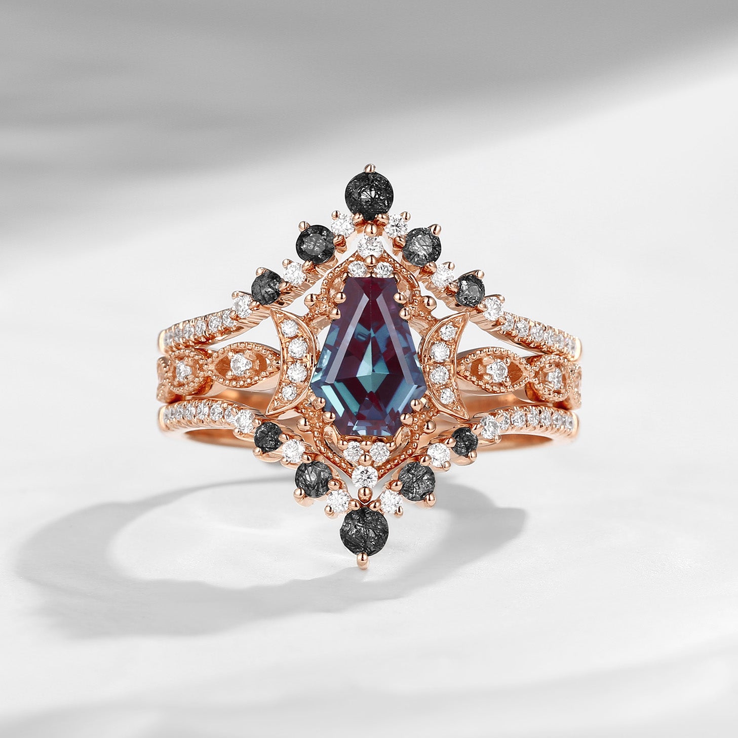 Crescent Moon | Coffin Faceted Lab Alexandrite Engagement Ring Set 3PCS