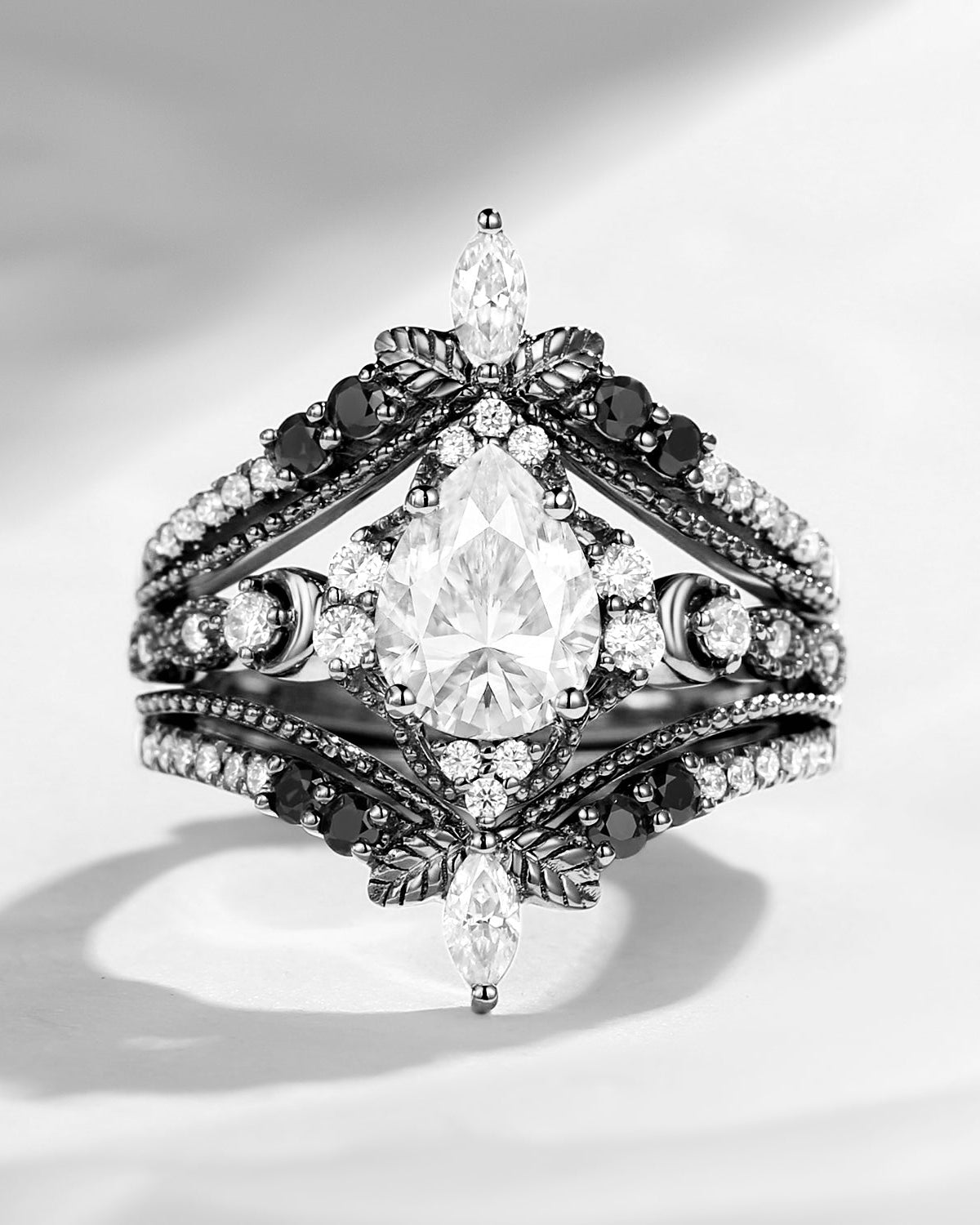 Pear Cut Vintage Inspired Moissanite Black Gold Ring Set 2pcs - Maximalist Style Cage Ring