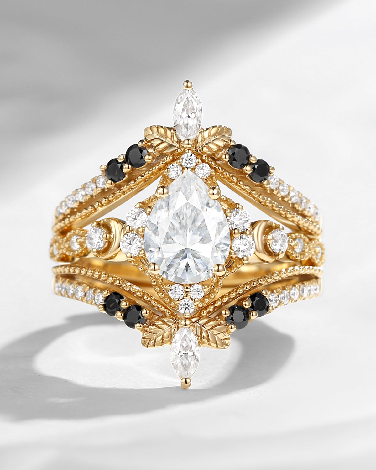 Pear Cut Vintage Inspired Moissanite Ring Set 2pcs - Maximalist Style Cage Ring