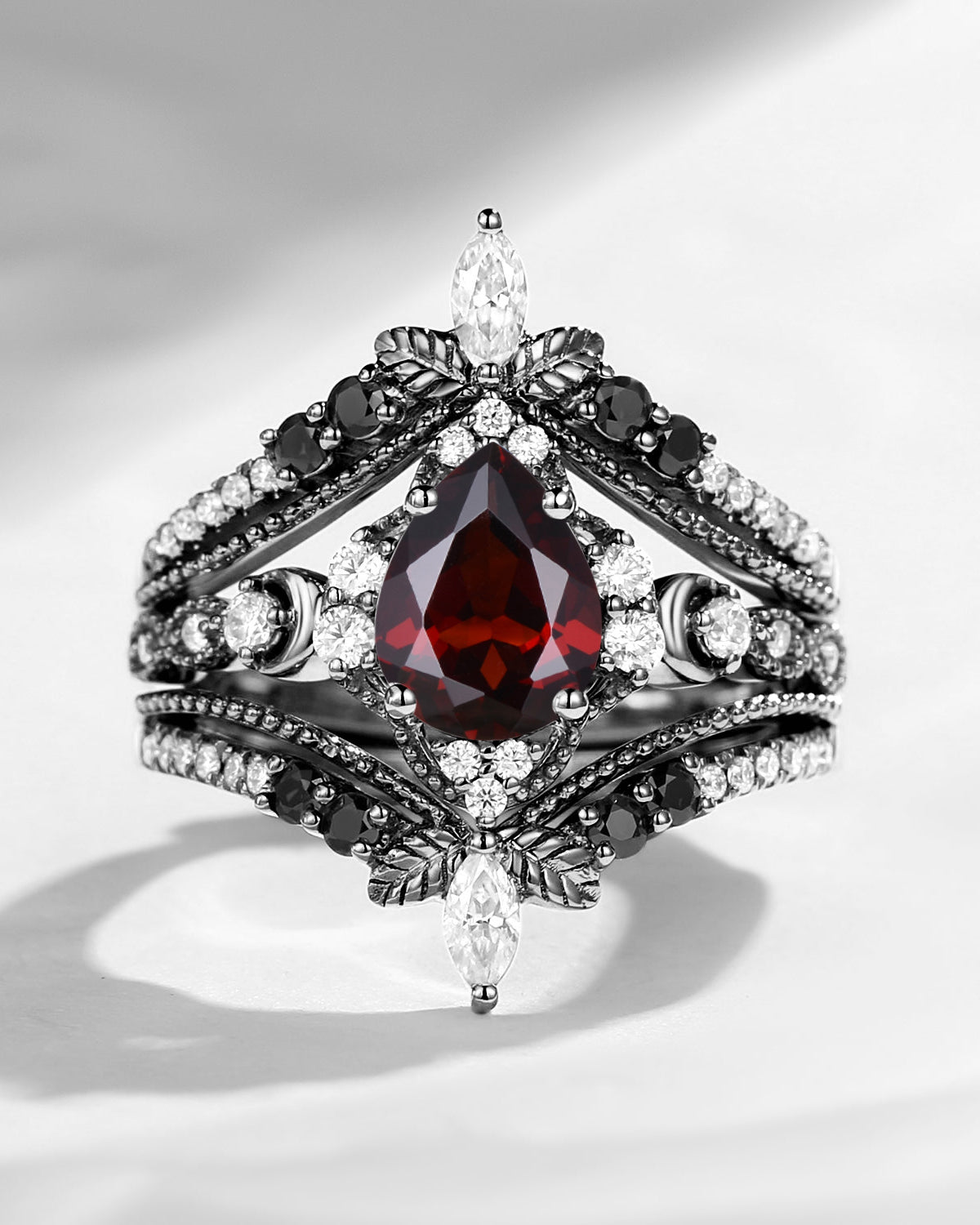 Pear Cut Vintage Inspired Garnet Black Gold Ring Set 2pcs - Maximalist Style Cage Ring