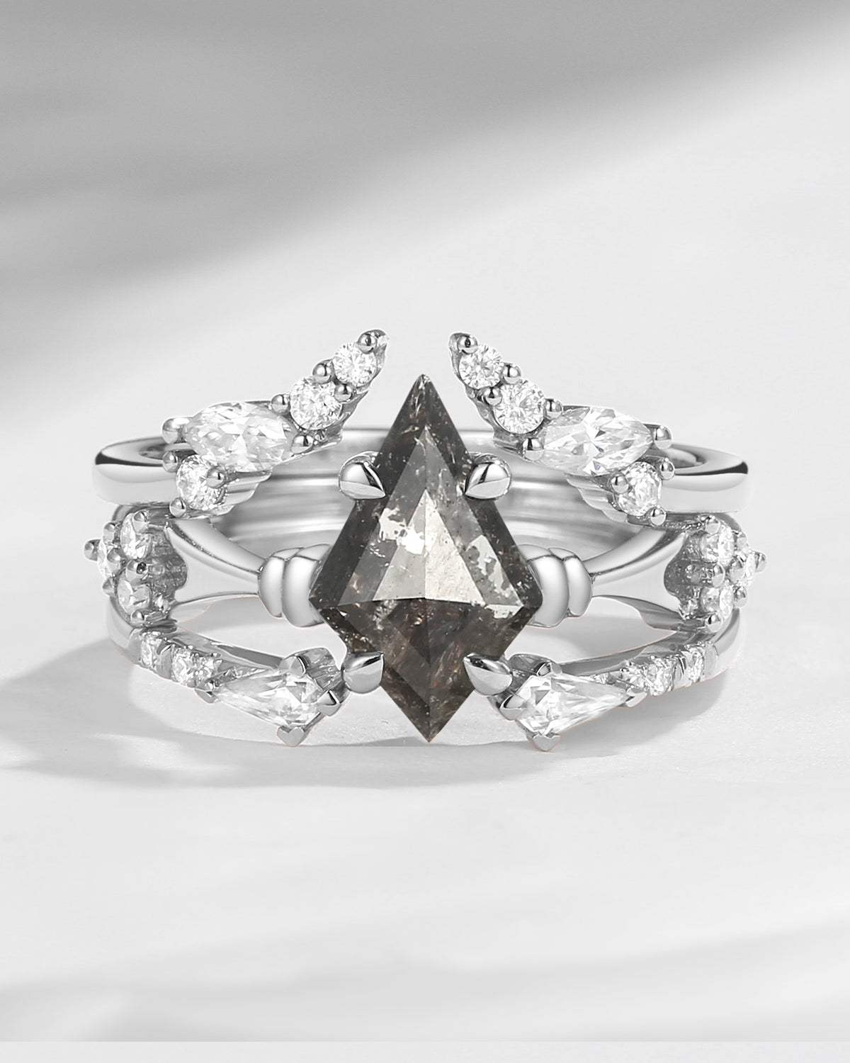 Vintage Inspired Kite Cut Salt And Pepper Diamond Bridal Set 3pcs