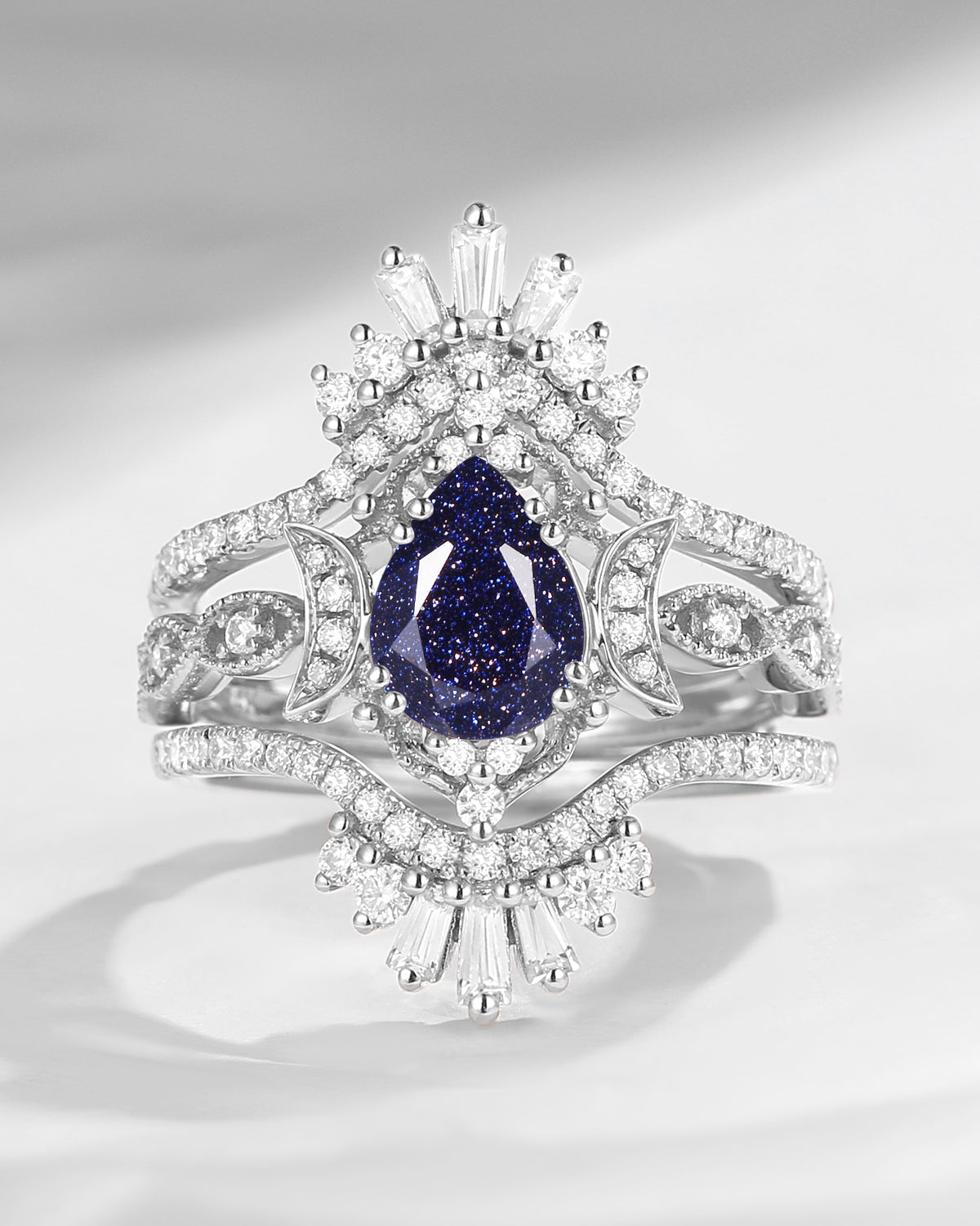 Crescent Moon |  Maximalist Style Pear Shaped Blue Sandstone Engagement Ring 3pcs