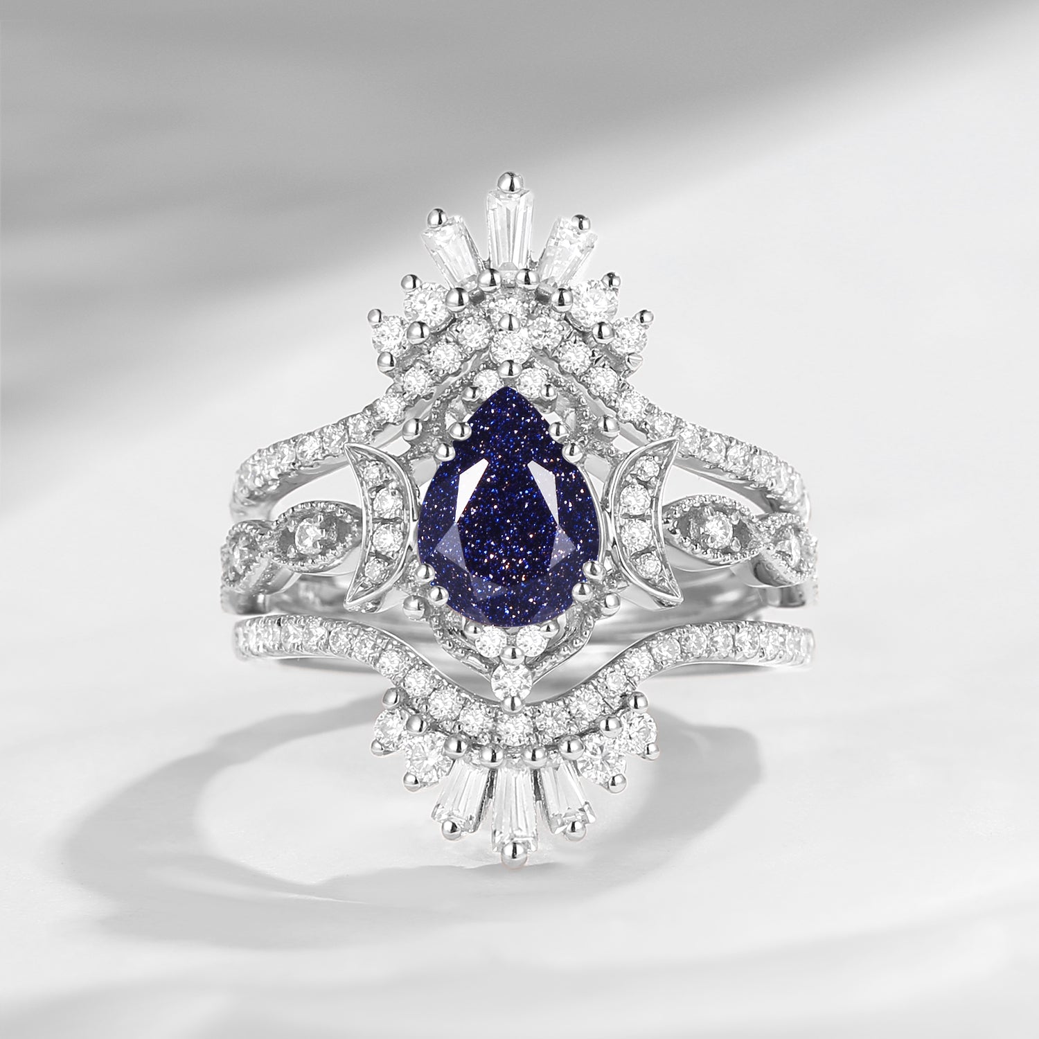 Crescent Moon | Maximalist Style Pear Shaped Blue Sandstone Engagement Ring 3pcs