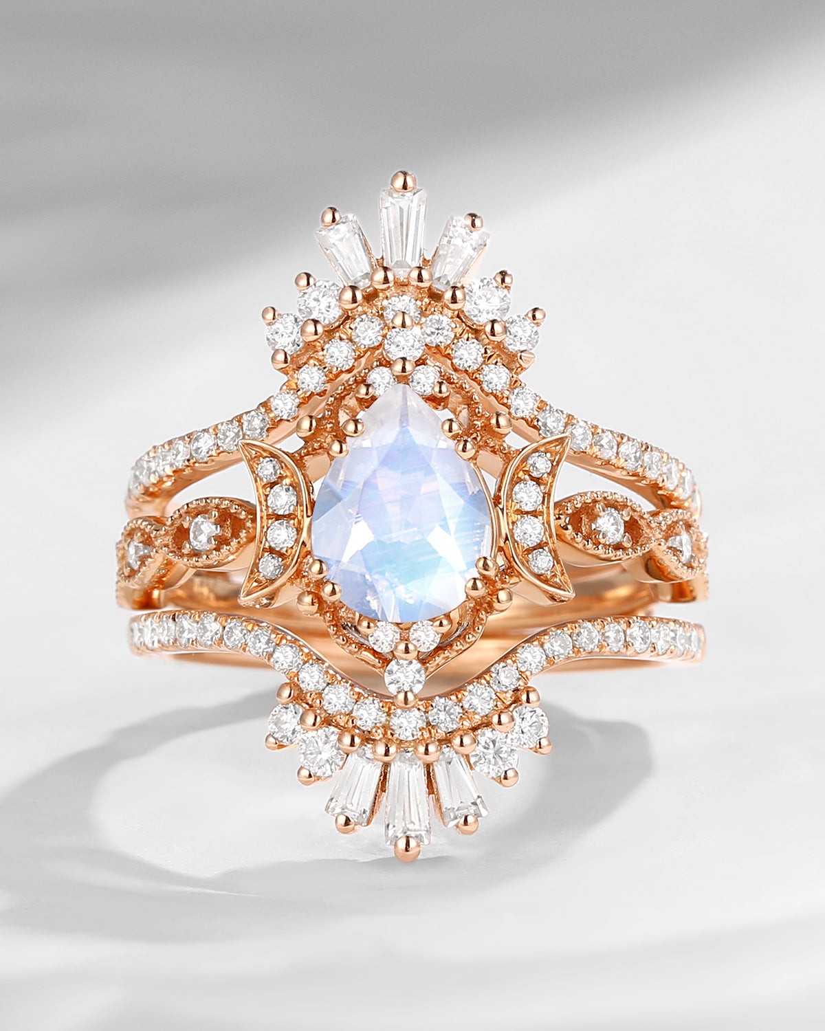 Crescent Moon |  Maximalist Style Pear Shaped Moonstone Engagement Ring 3pcs