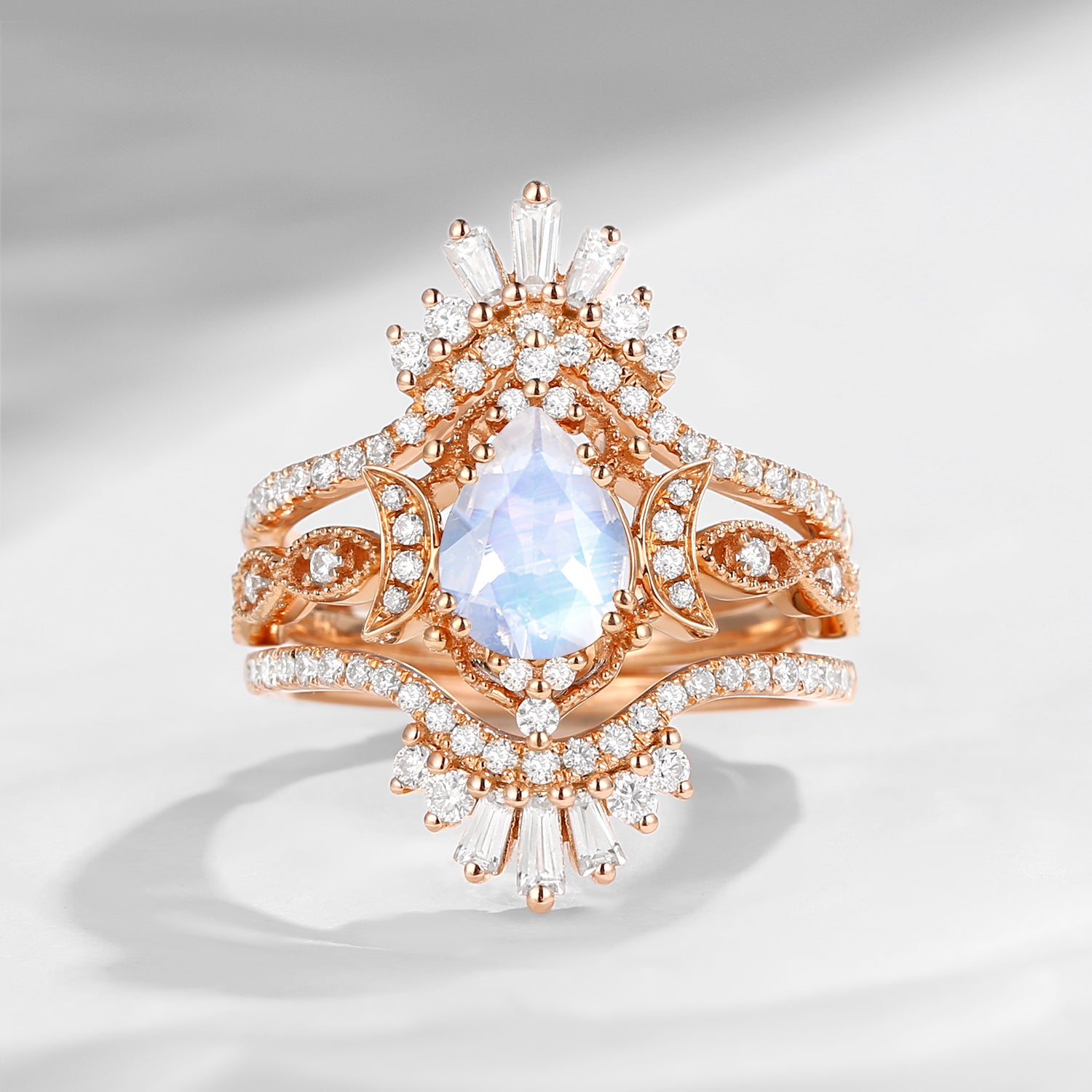 Crescent Moon | Maximalist Style Pear Shaped Moonstone Engagement Ring 3pcs