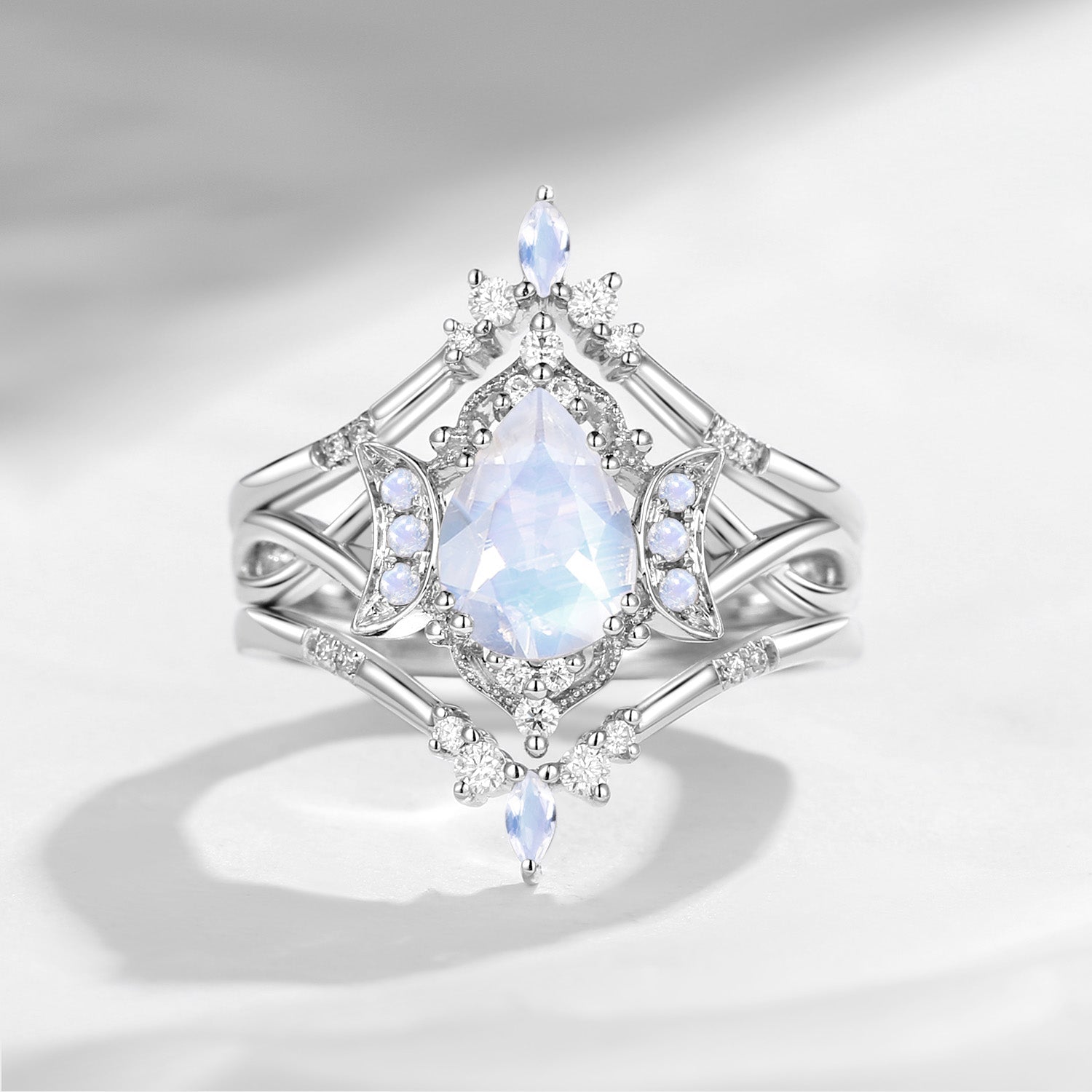 Crescent moon | Glossy Infinity Moonstone Engagement Ring Set 3pcs