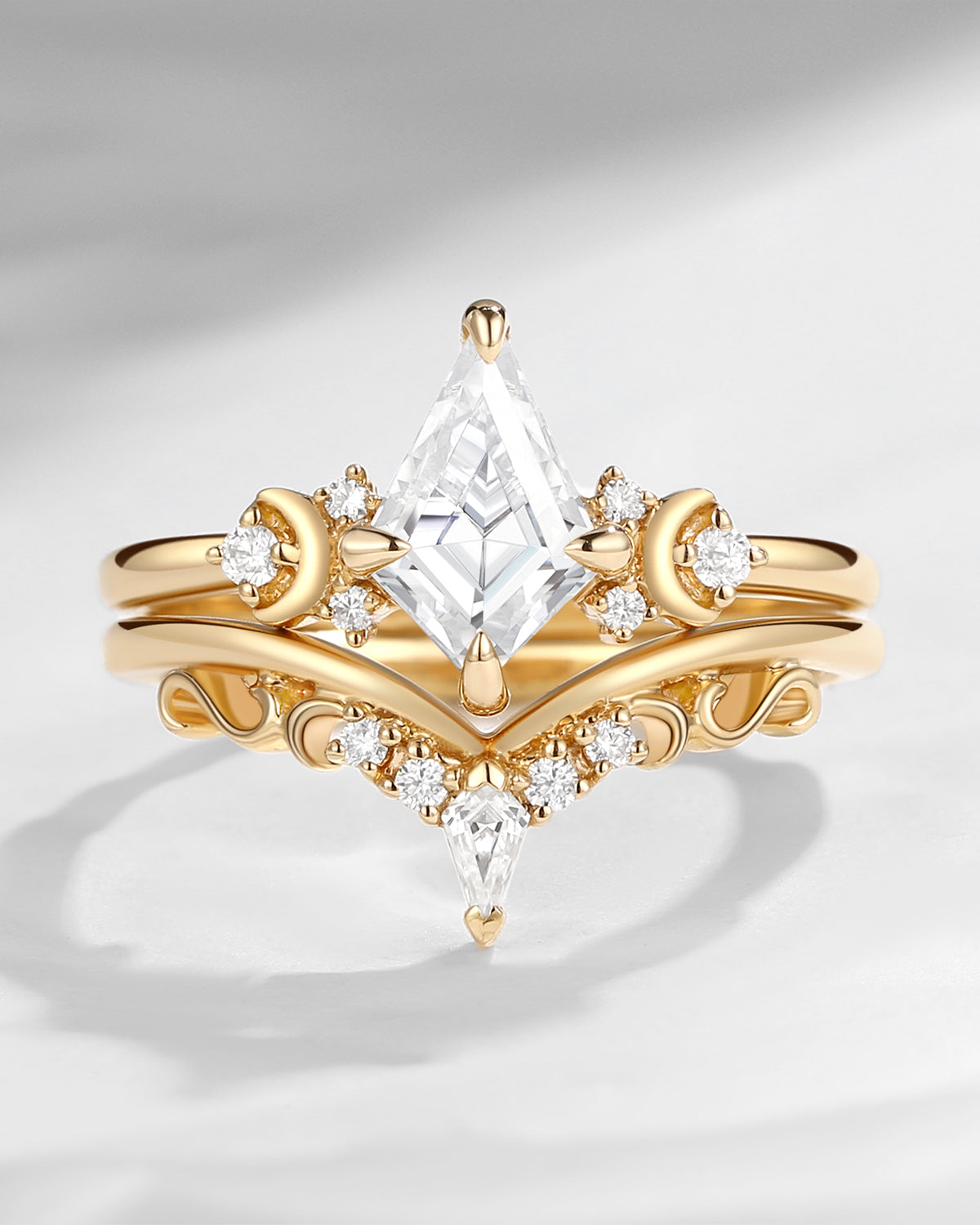 Crescent Moon | Kite Shaped Art Deco Moissanite Engagement Ring Set 2pcs