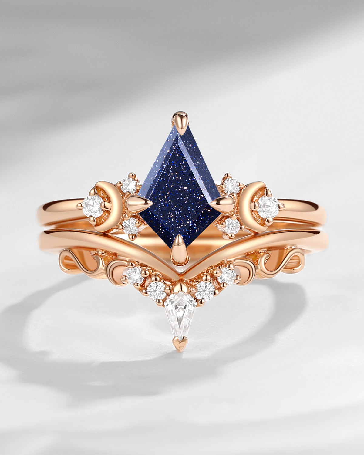 Crescent Moon | Kite Shaped Art Deco Blue Sandstone Engagement Ring Set 2pcs
