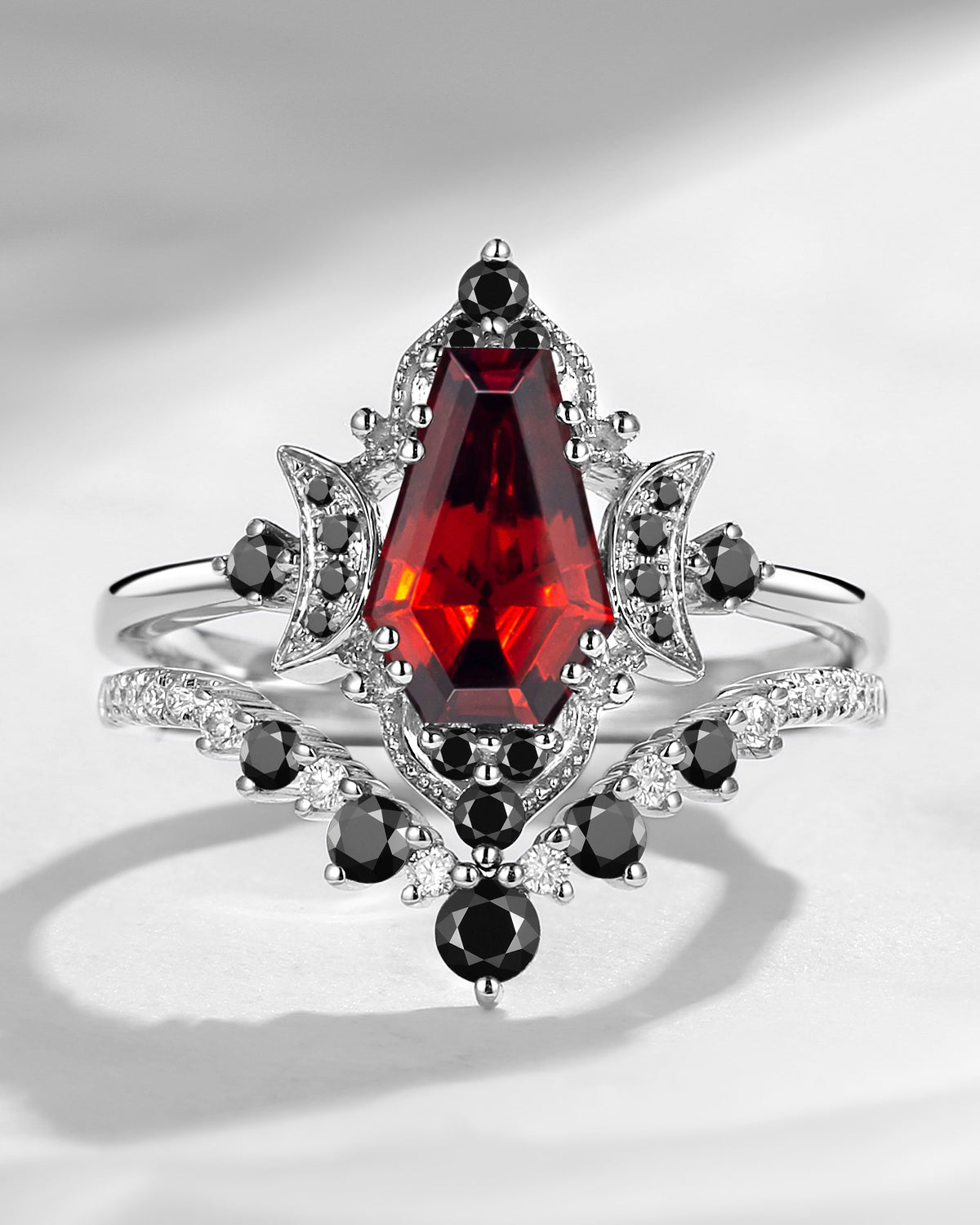 Crescent Moon | Coffin Cut Garnet & Black Moissanite Engagement Ring Set 2pcs