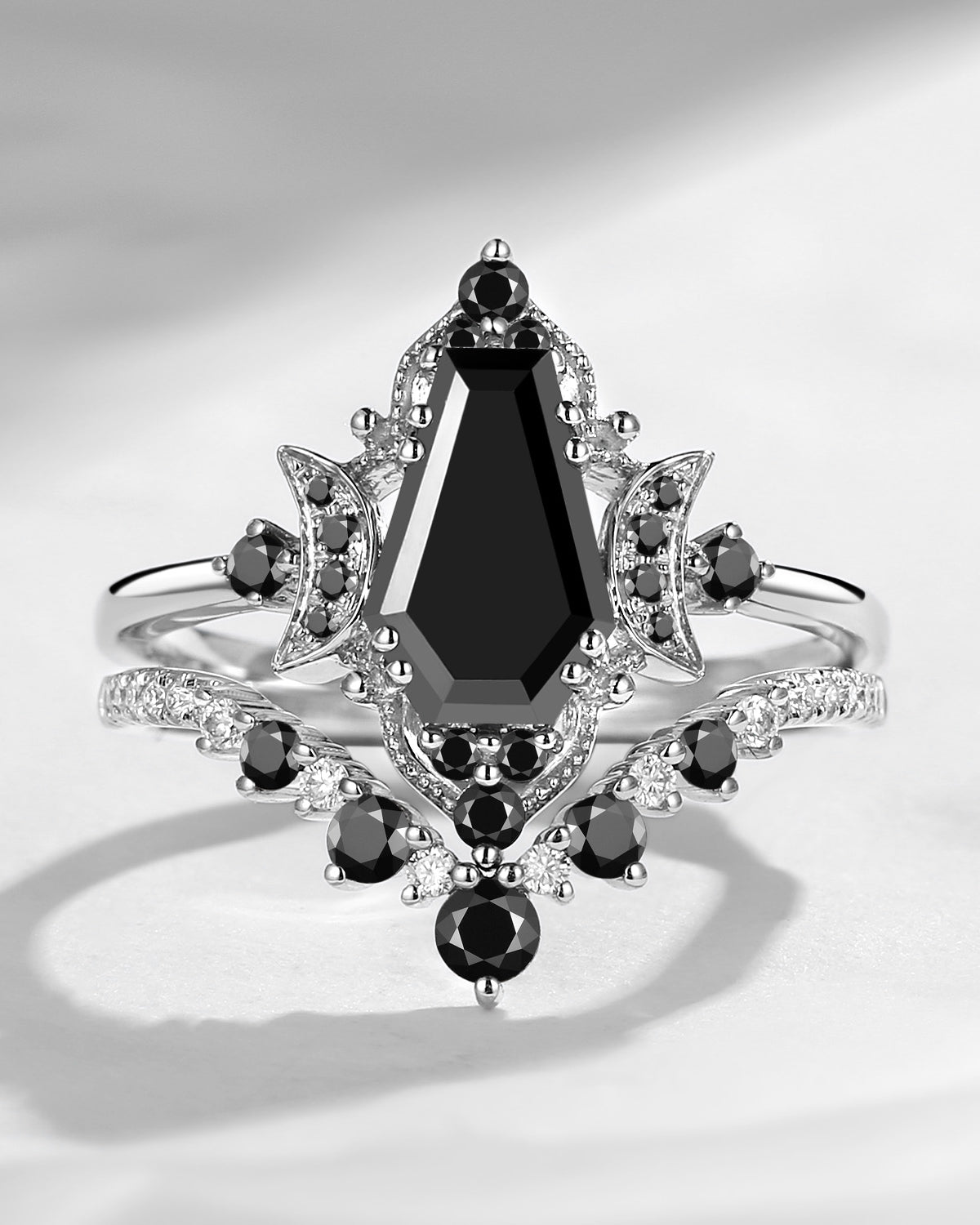 Crescent Moon | Coffin Cut Black Moissanite Engagement Ring Set 2pcs