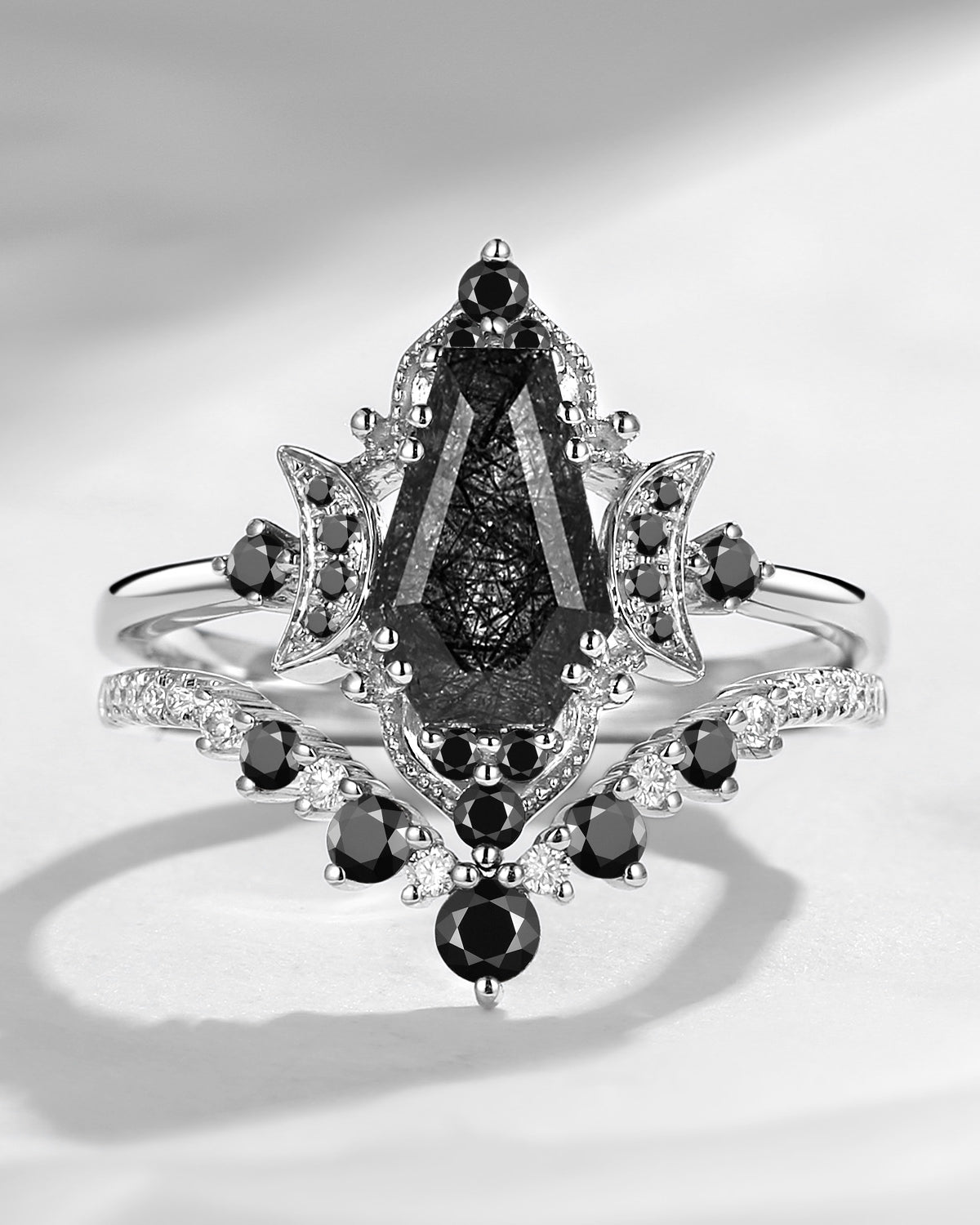 Crescent Moon | Coffin Cut Black Rutilated Quartz & Black Moissanite Engagement Ring Set 2pcs