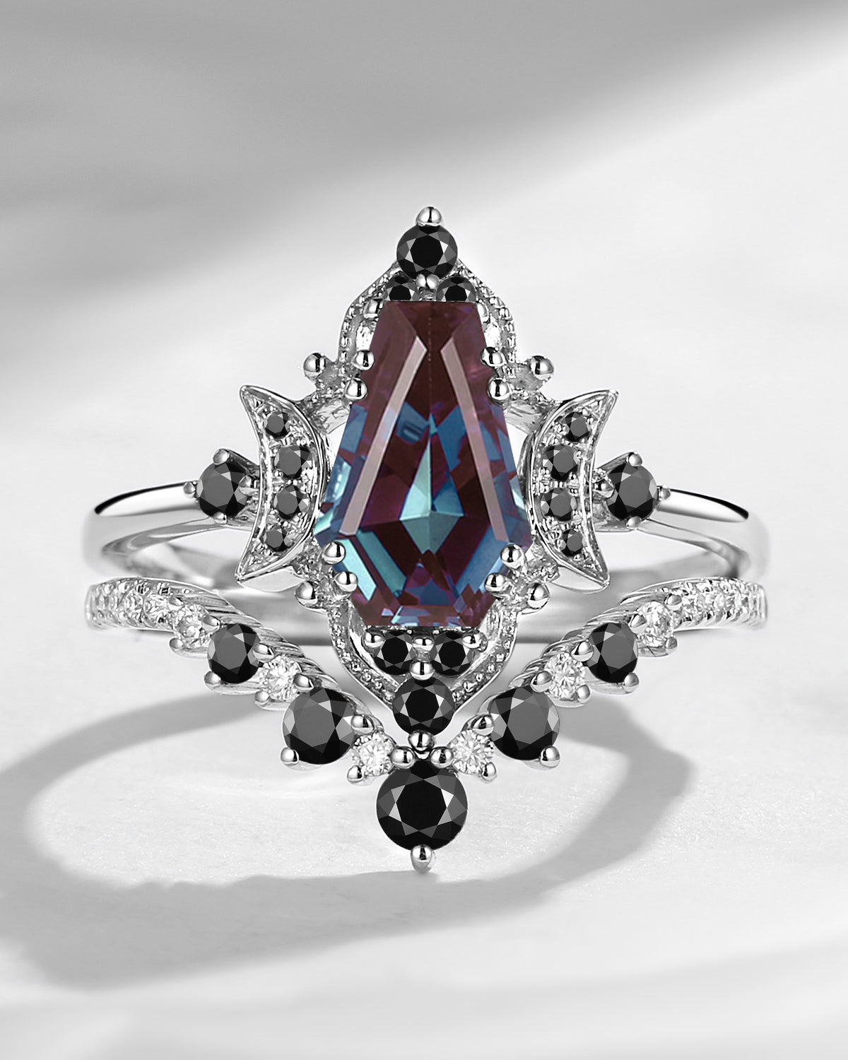 Crescent Moon | Coffin Cut Alexandrite & Black Moissanite Engagement Ring Set 2pcs