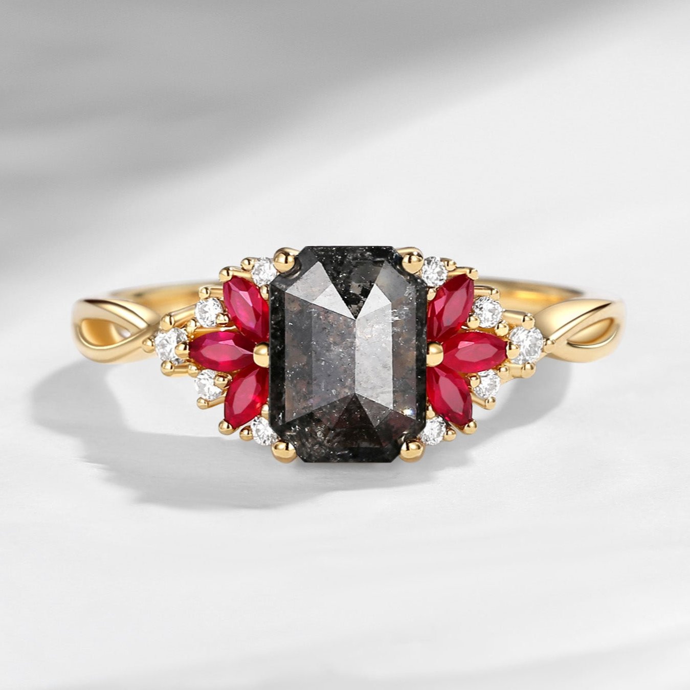 Cluster Emerald Cut Salt And Pepper Diamond & Ruby Twist Engagement Ring