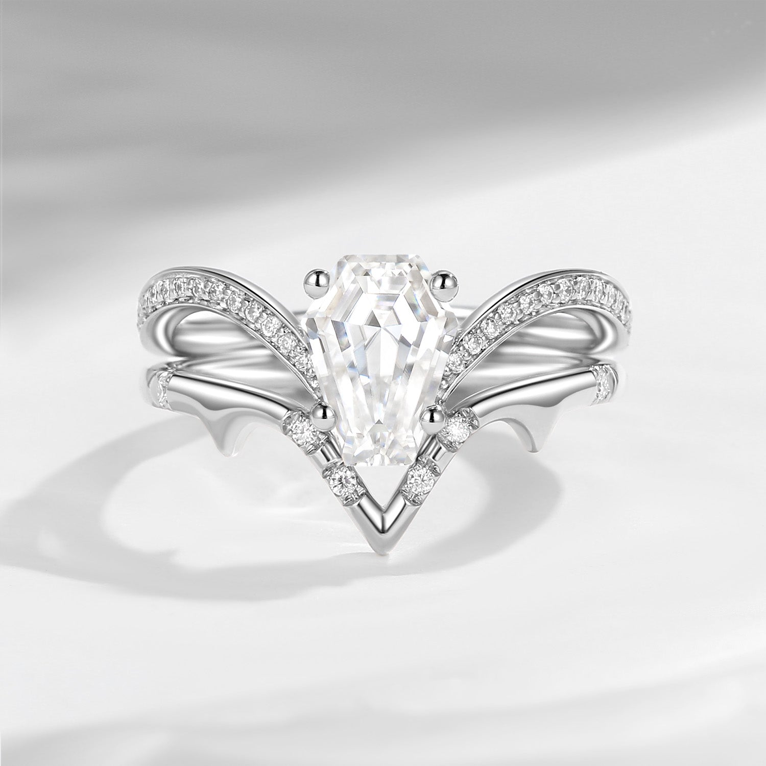 Coffin Cut Moissanite Spooky Engagement Ring Set 2pcs - Dainty Bat Ring