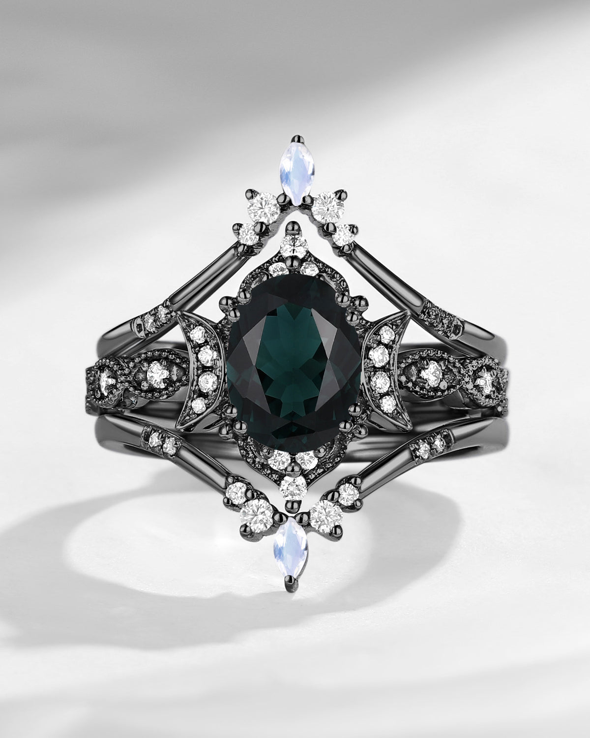 Crescent moon | Vintage Inspired Oval Natural Indicolite Engagement Ring Set 3pcs