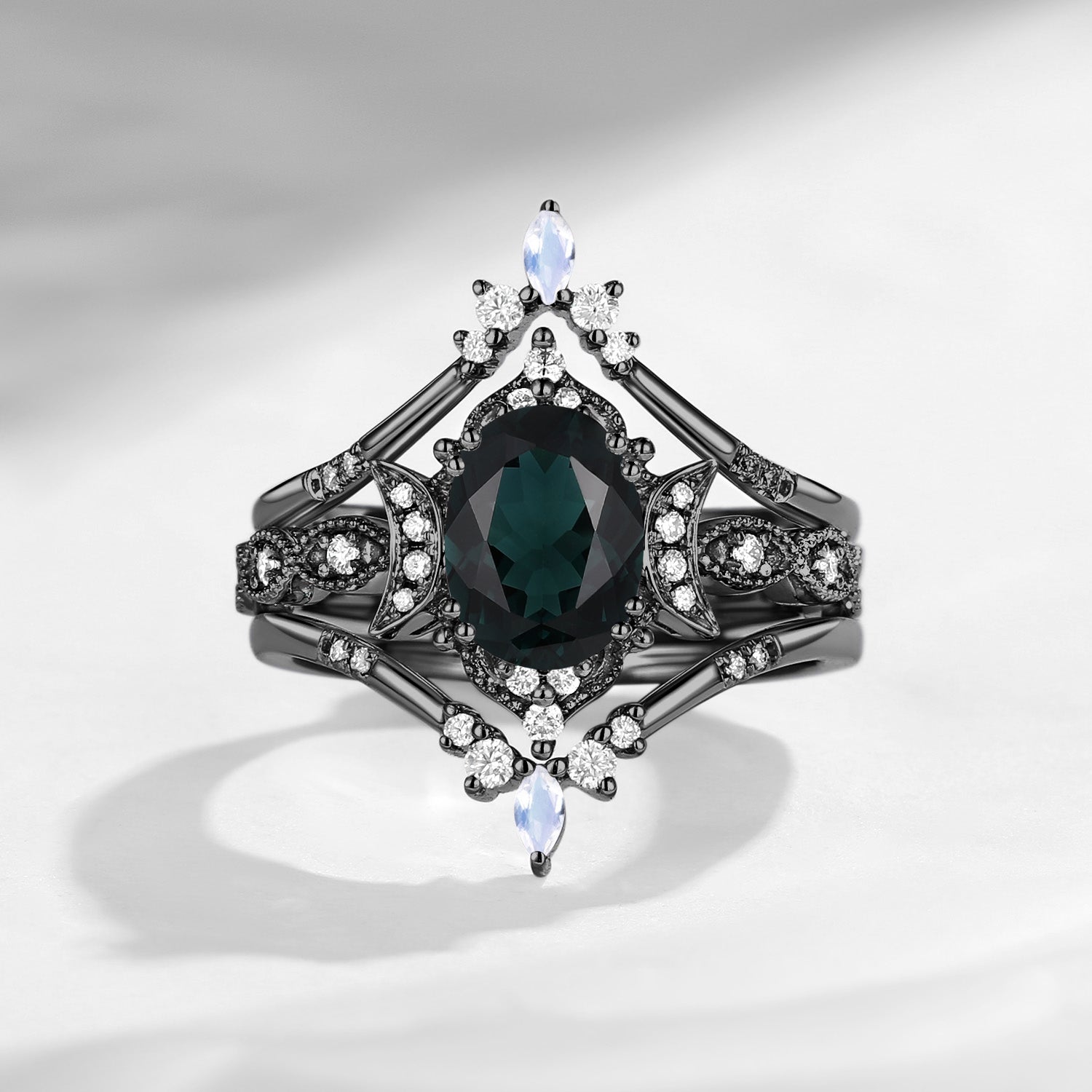 Crescent moon | Vintage Inspired Oval Natural Indicolite Engagement Ring Set 3pcs