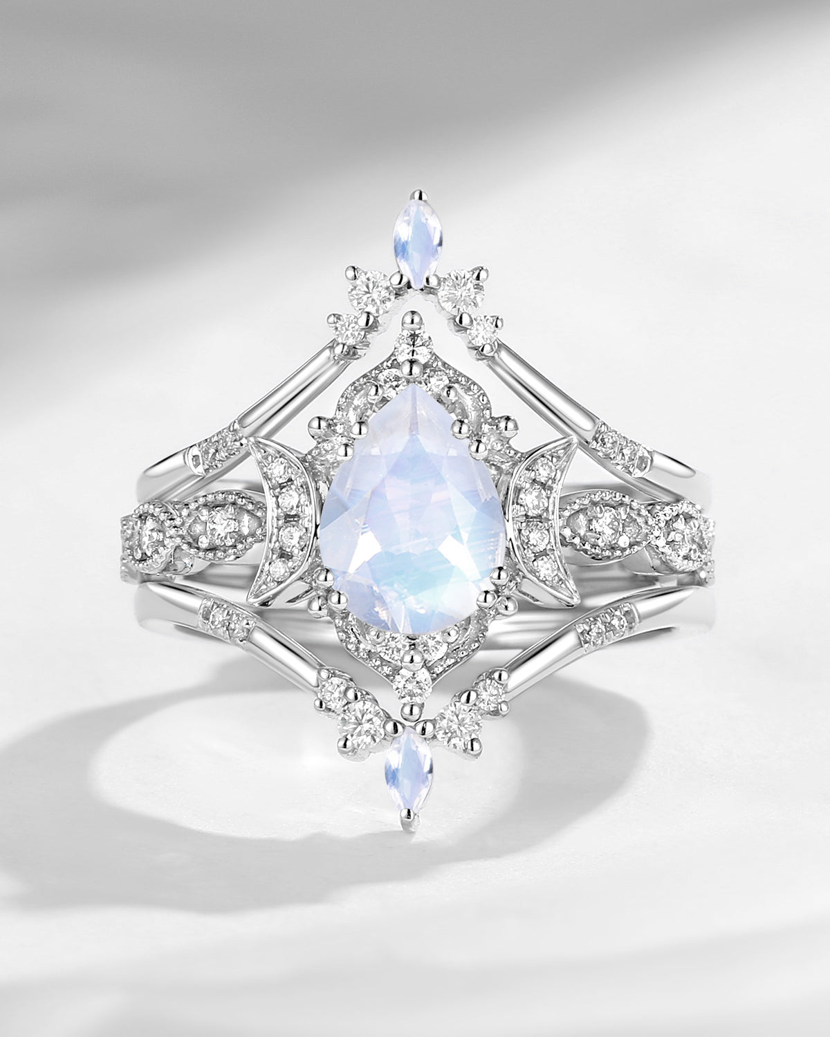 Crescent Moon | 18K Vintage Inspired Pear Shaped Moonstone Ring Set 3PCS