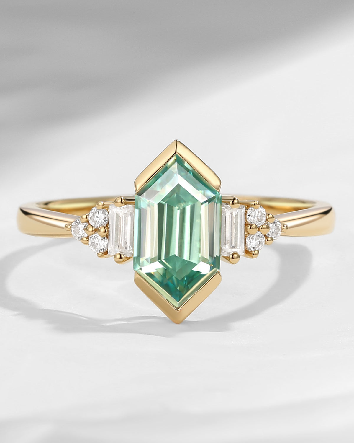 Long Hexagon Mint Moissanite Vintage Cluster Ring