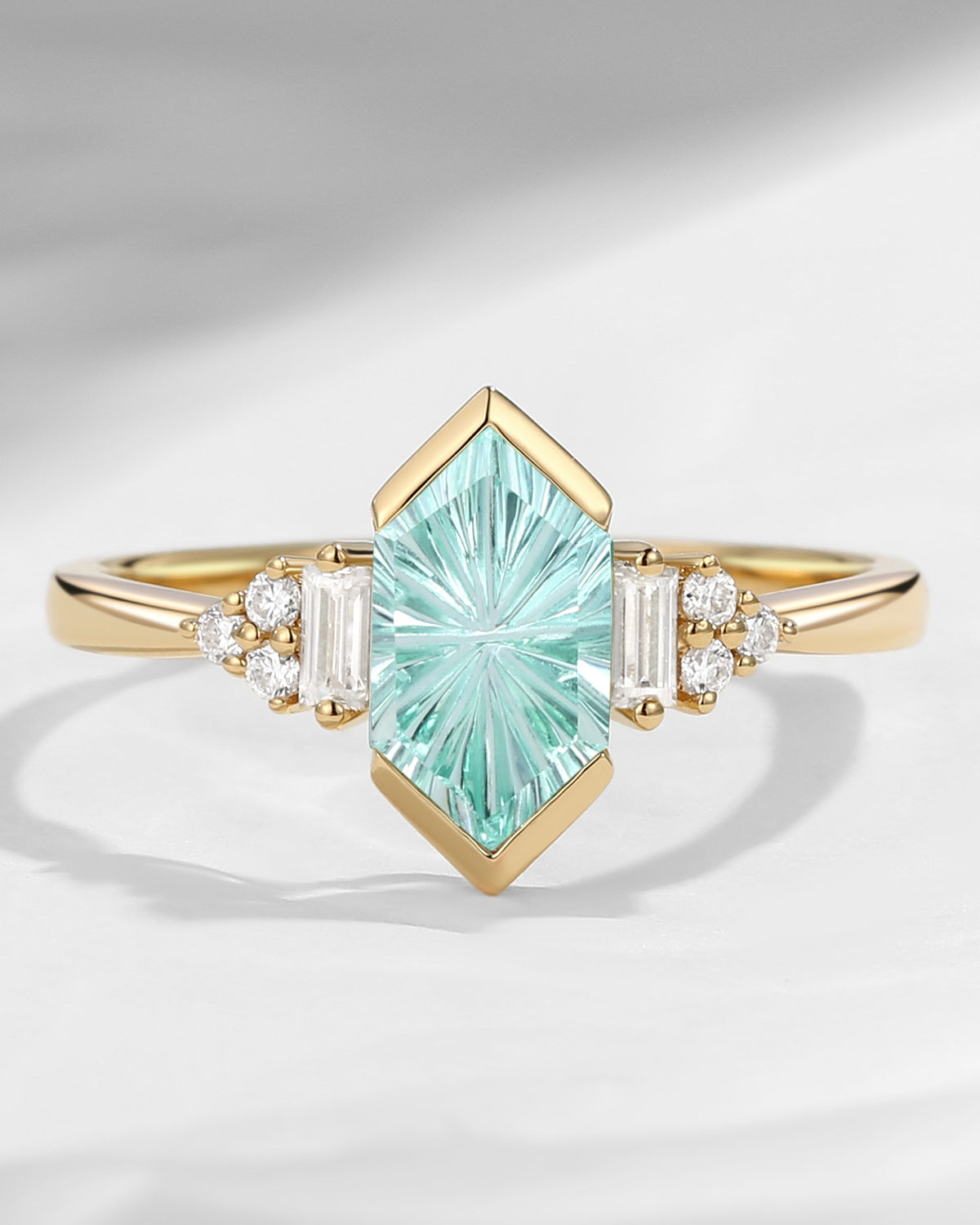 Long Hexagon Firework Cut Lab Mint Sapphire Vintage Cluster Ring