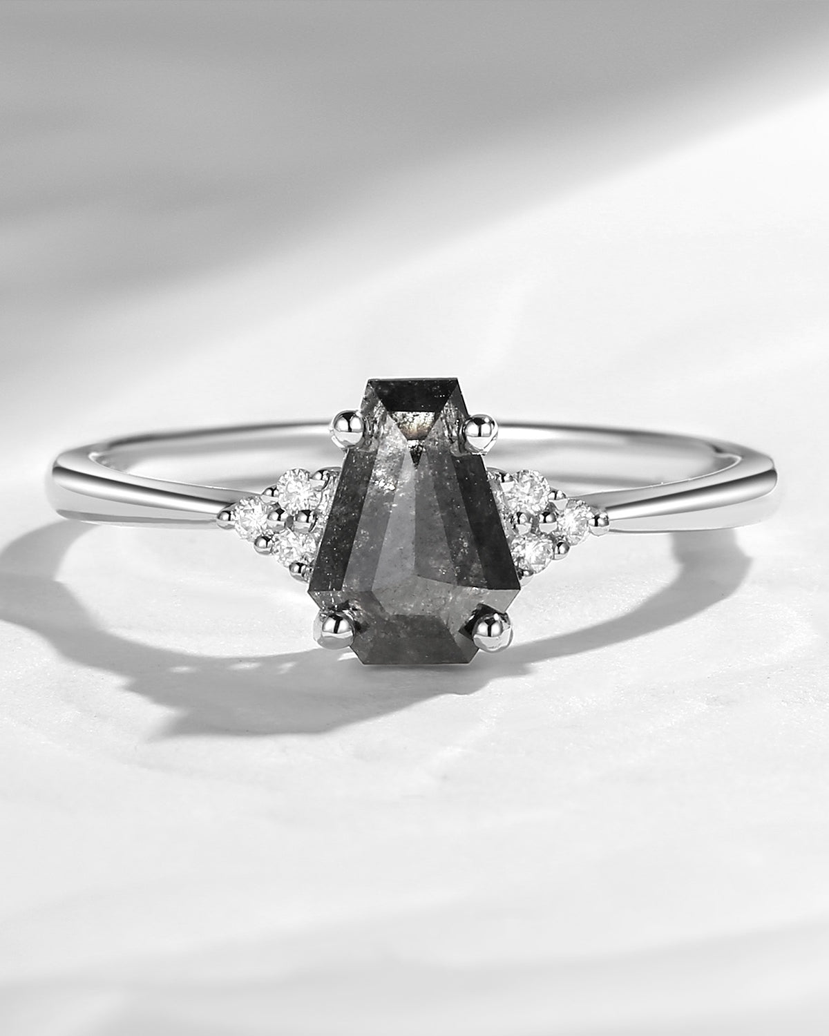 Classic Coffin Shaped Salt and Pepper Diamond Engagement Ring