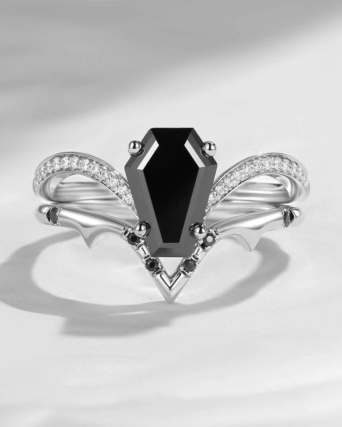 Coffin Cut Black Moissanite Spooky Engagement Ring Set 2pcs - Dainty Bat Ring