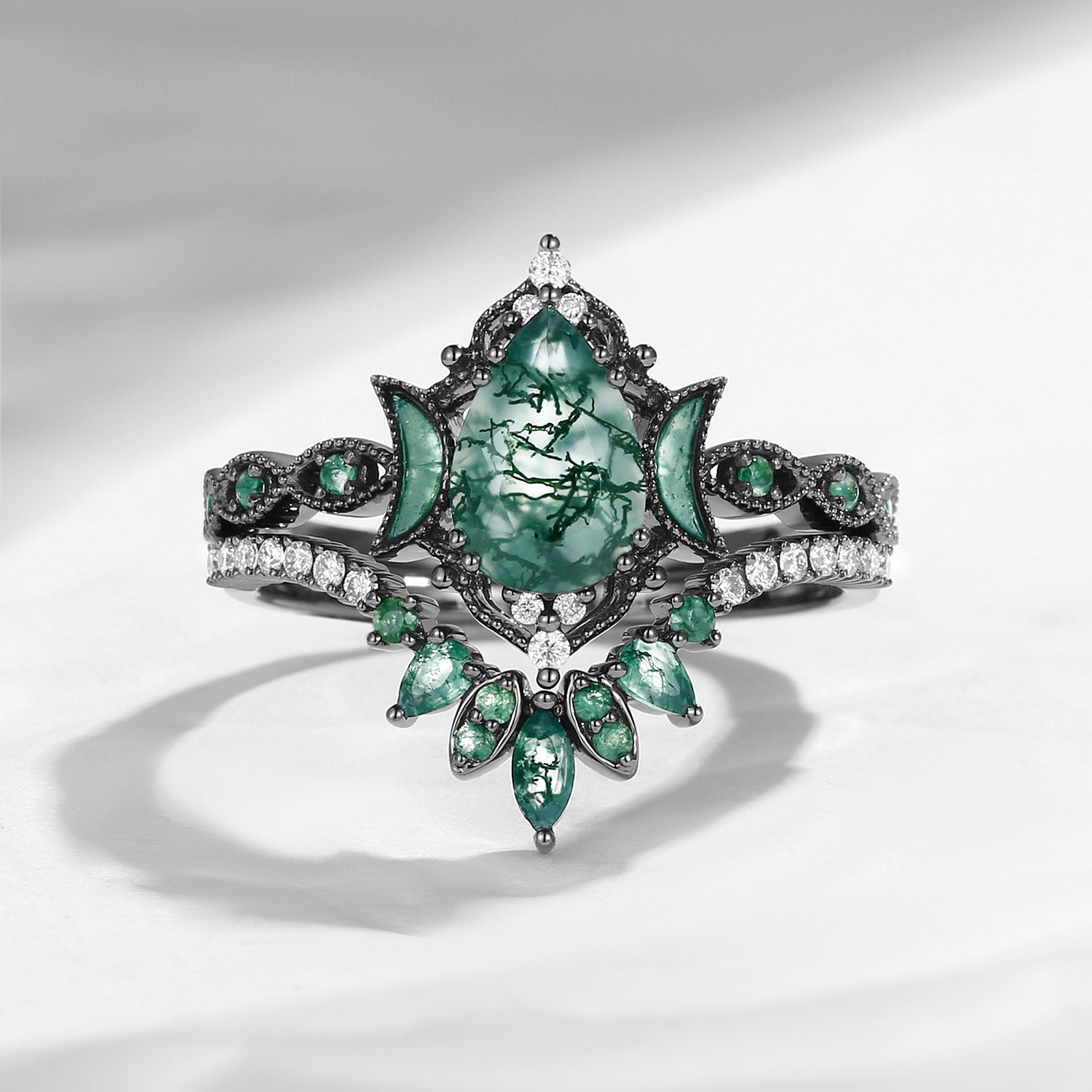 Crescent Moon | Pear Cut Moss Agate 'Ultra Galaxy' Black Gold Engagement Ring Set 2pcs