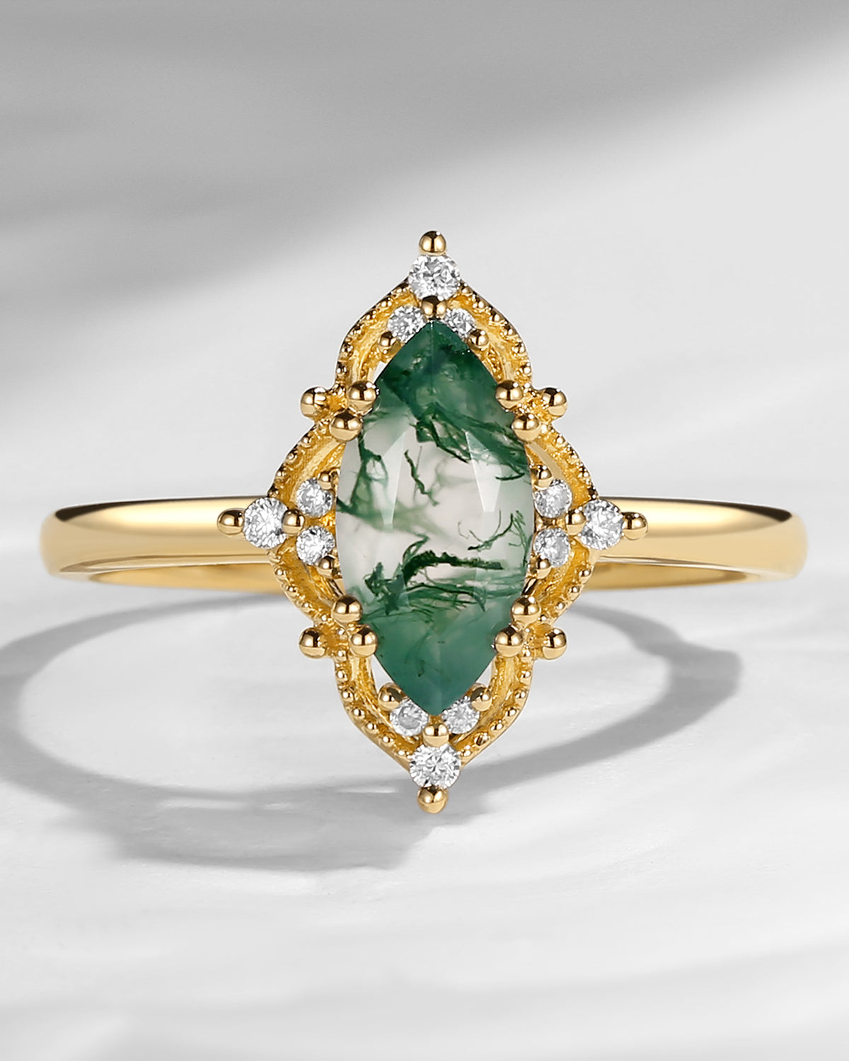 2.5ct 18K Marquise Vintage Inspired Moss Agate Engagement Ring