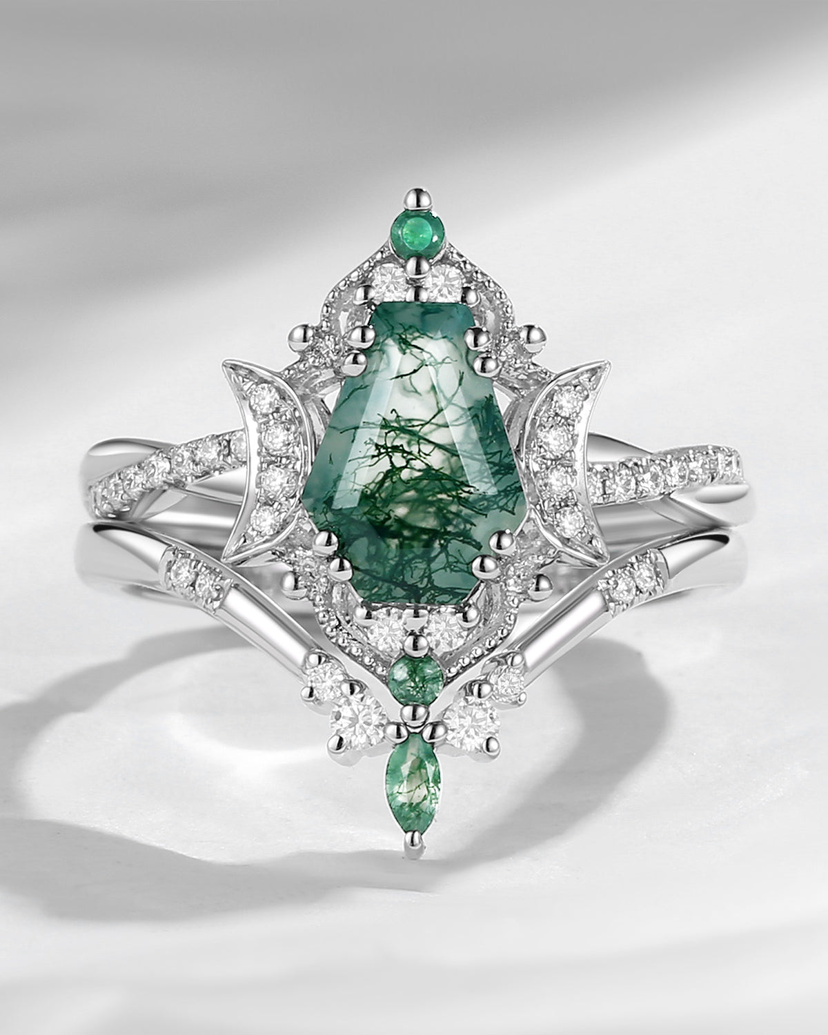 Crescent Moon | Infinity Coffin Moss Agate Twisted Engagement Ring Set 2pcs - Alexandria