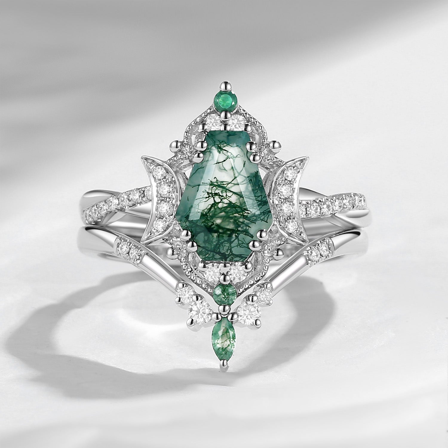 Crescent Moon | Infinity Coffin Moss Agate Twisted Engagement Ring Set 2pcs - Alexandria