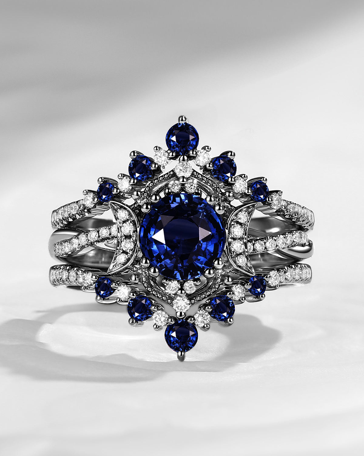 Crescent moon | Unique Infinity Round Natural Sapphire Engagement Ring Set 3pcs