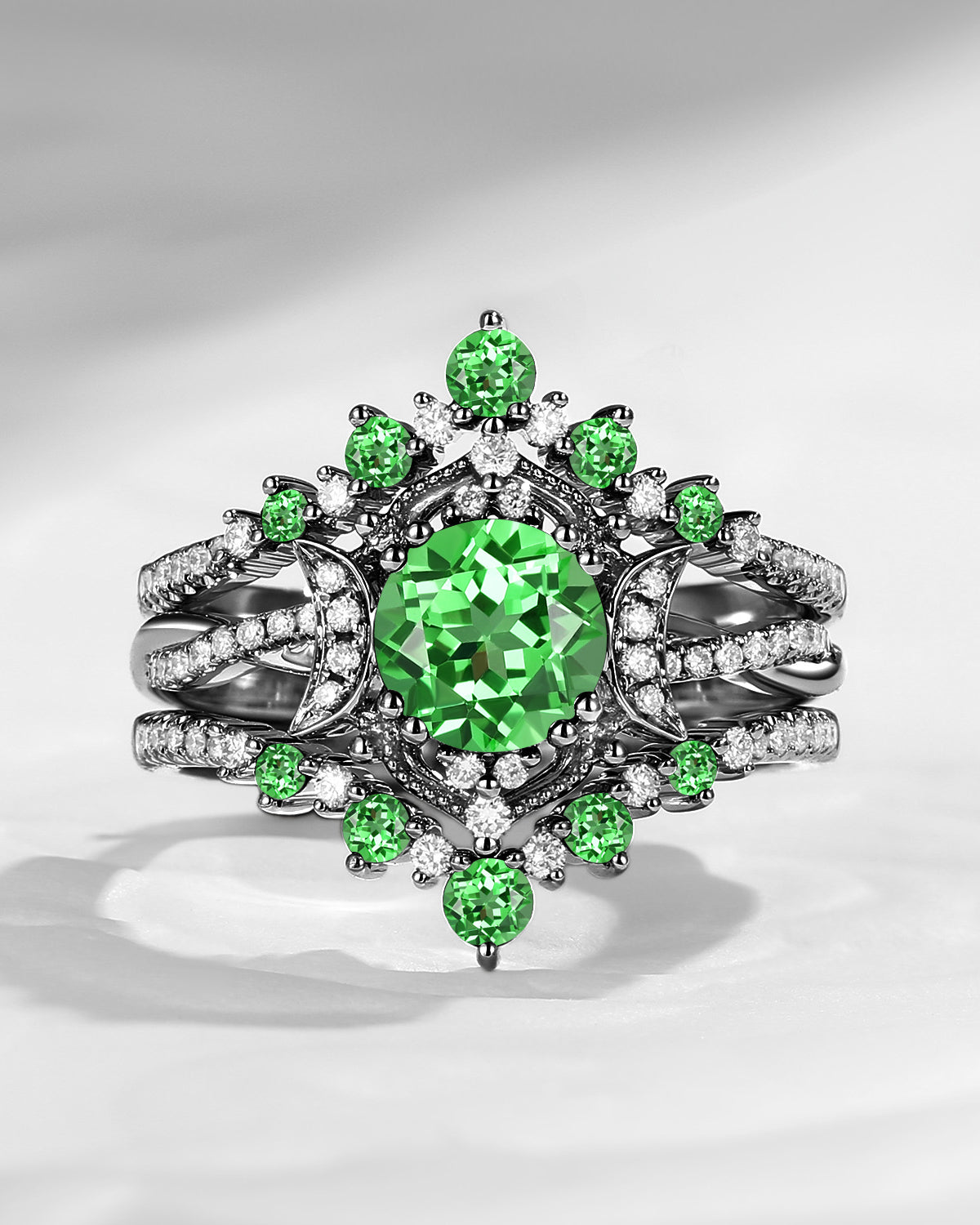Crescent moon | Unique Infinity Round Lab Tsavorite Engagement Ring Set 3pcs