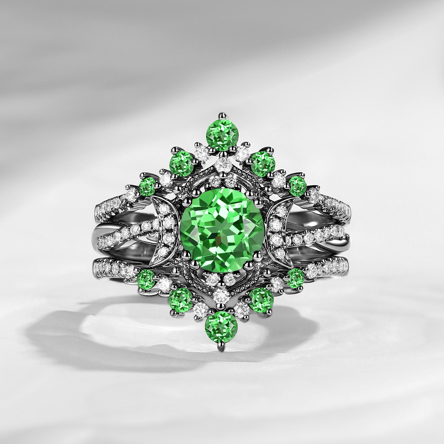 Crescent moon | Unique Infinity Round Lab Tsavorite Engagement Ring Set 3pcs