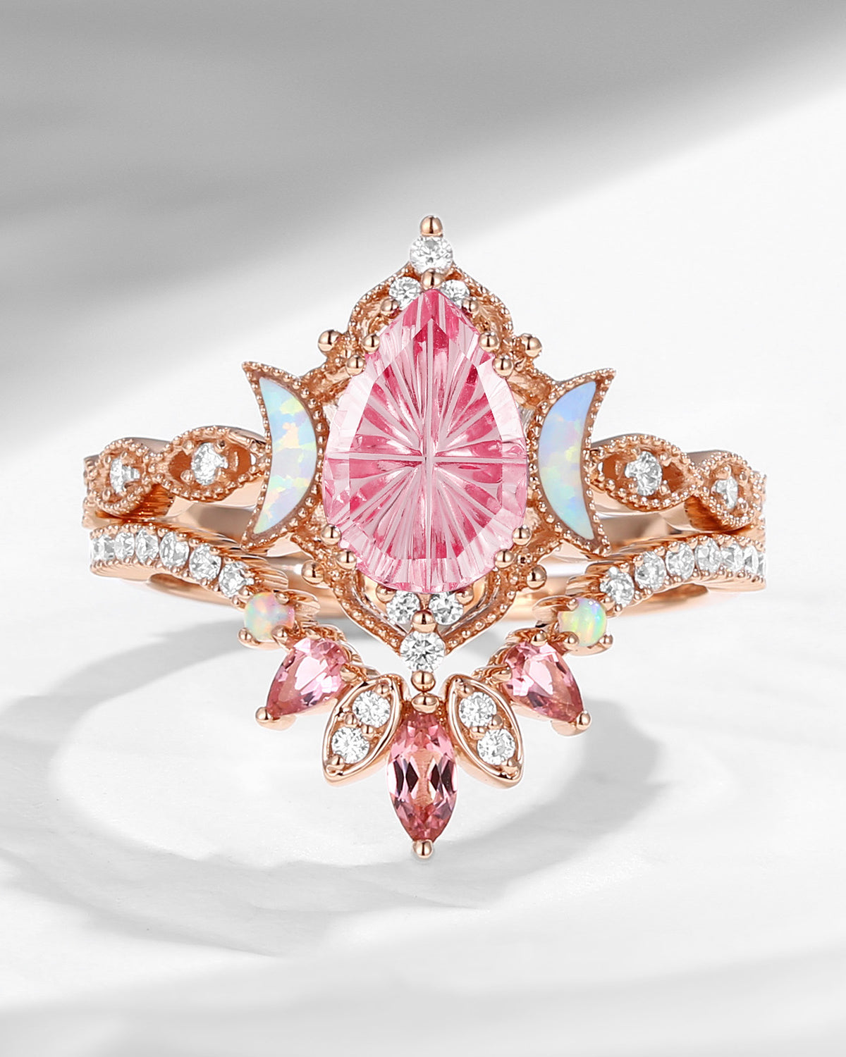 Crescent Moon | Fantasy Carved Pear Lab Pink Sapphire 'Ultra Galaxy' Engagement Ring Set 2pcs