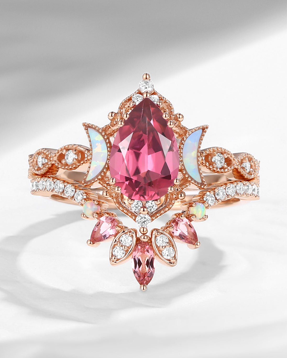 Crescent Moon | Pear Cut Natural Pink Tourmaline 'Ultra Galaxy' Engagement Ring Set 2pcs