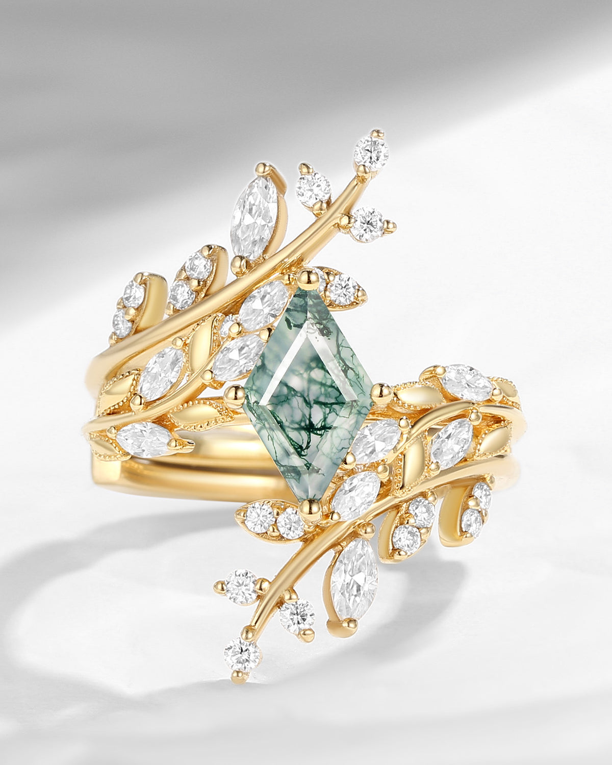 Unique Nature Inspired Kite Cut Moss Agate Leaf Engagement Ring Set 2pcs