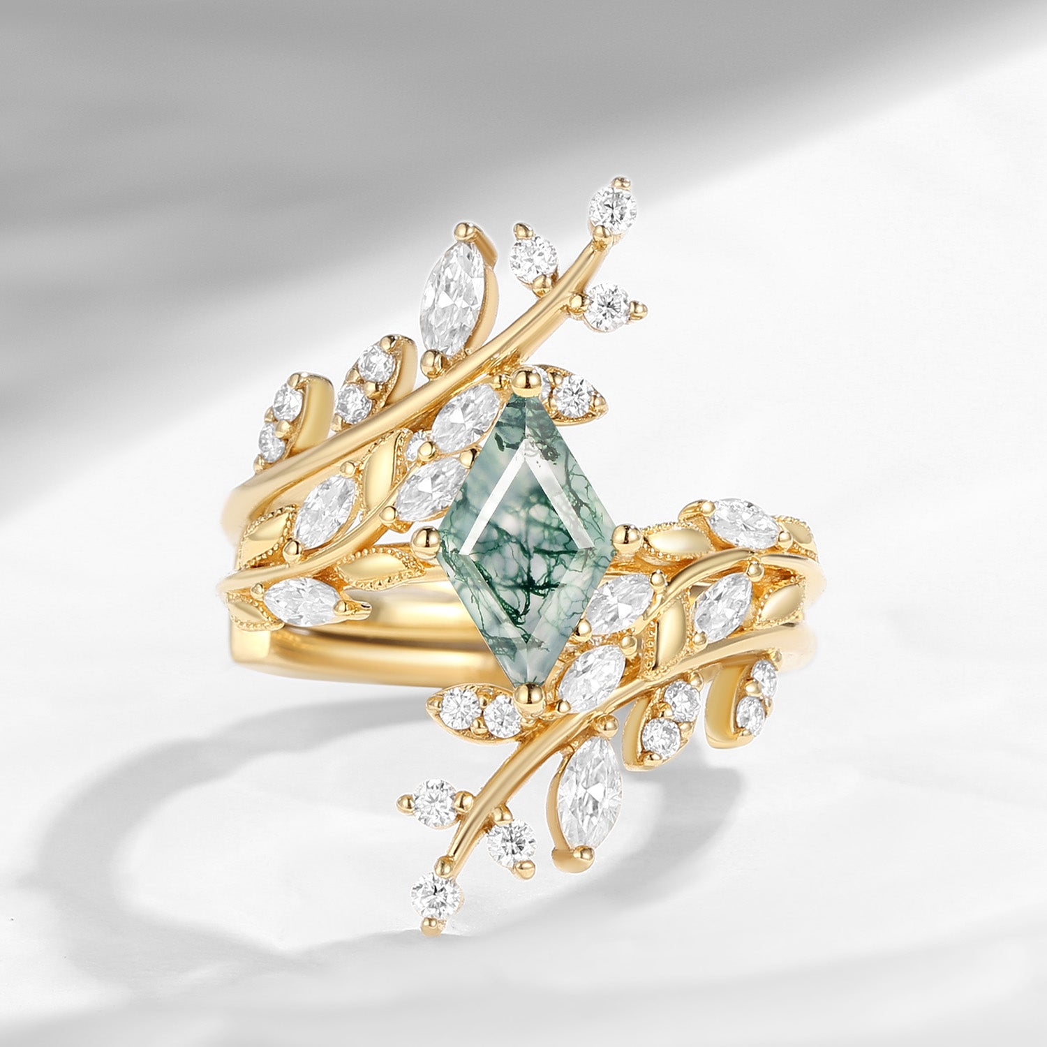 Unique Nature Inspired Kite Cut Moss Agate Leaf Engagement Ring Set 2pcs
