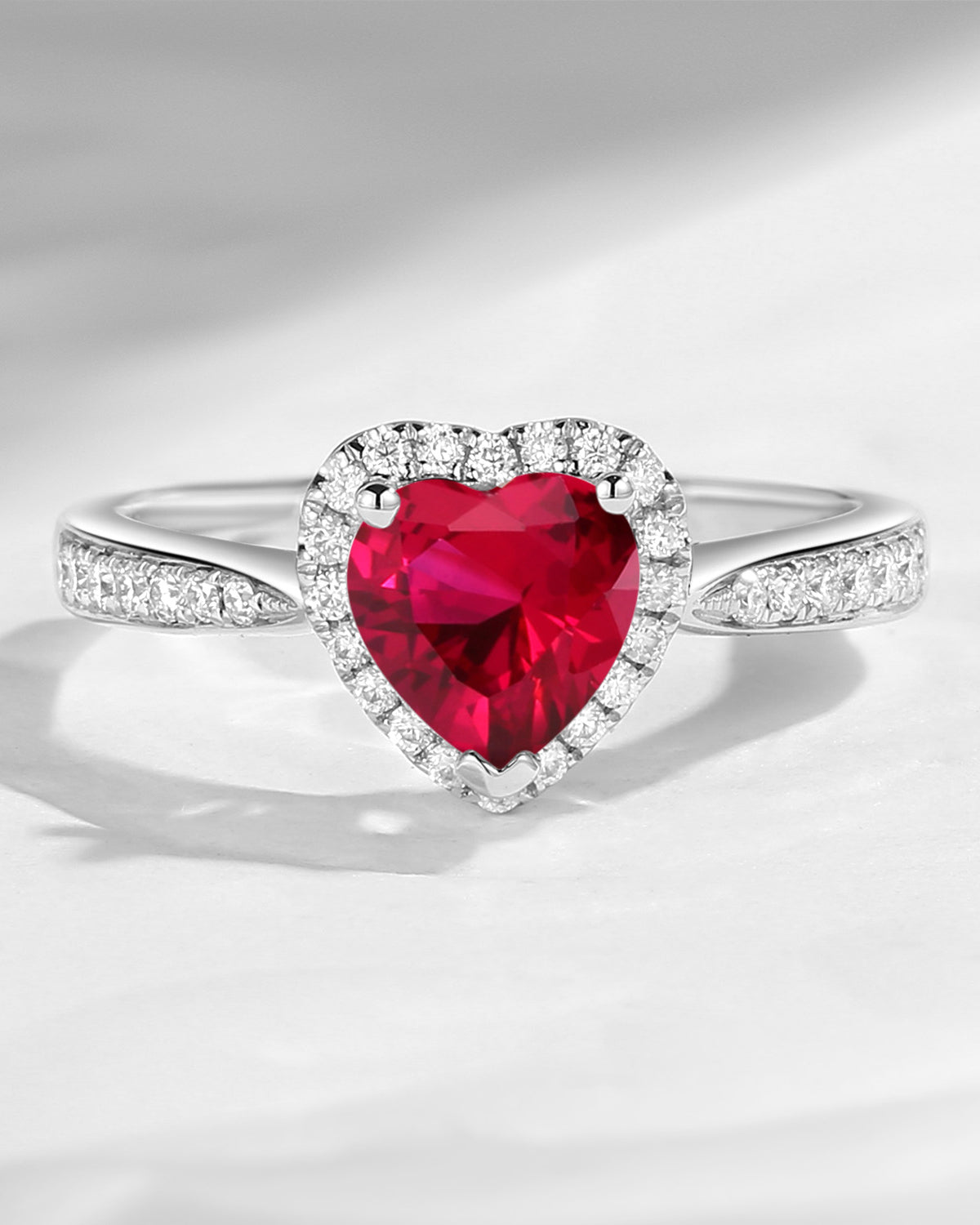 Classic Heart Shaped Halo Lab Ruby Promise Ring