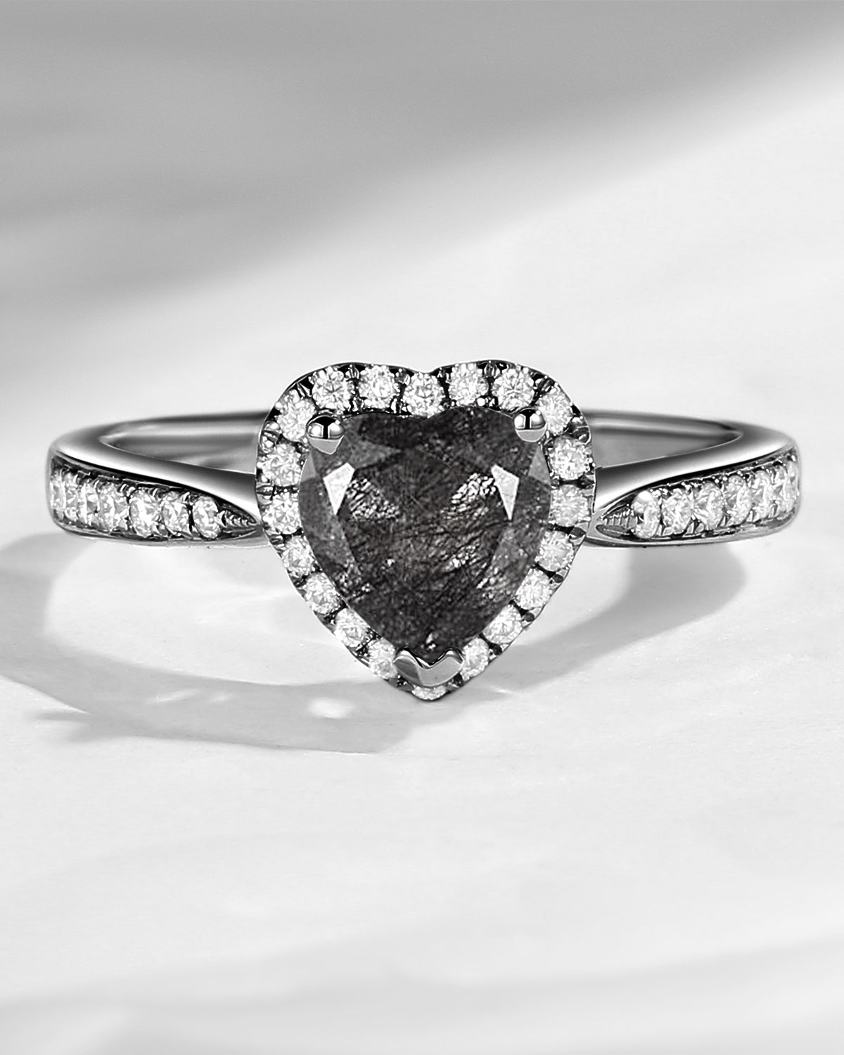 Classic Heart Shaped Halo Black Rutilated Quartz Promise Ring