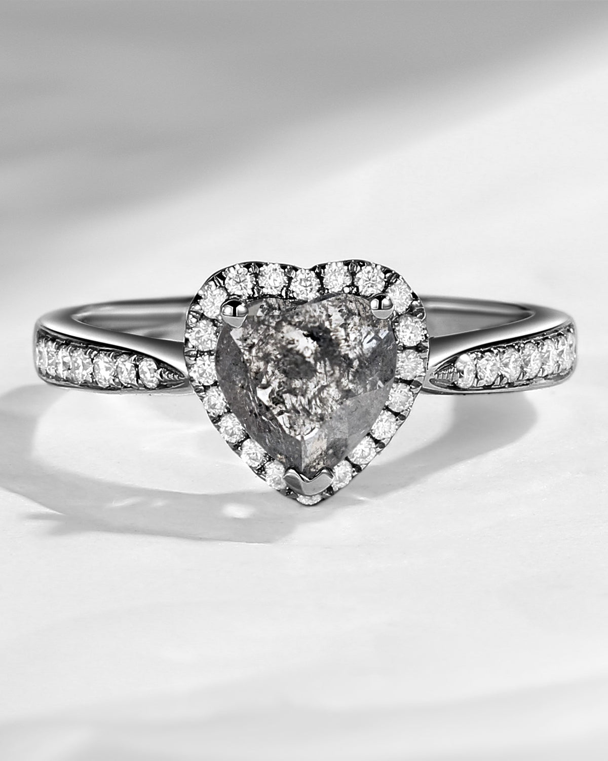Classic Heart Shaped Halo Natural Salt And Pepper Diamond Promise Ring