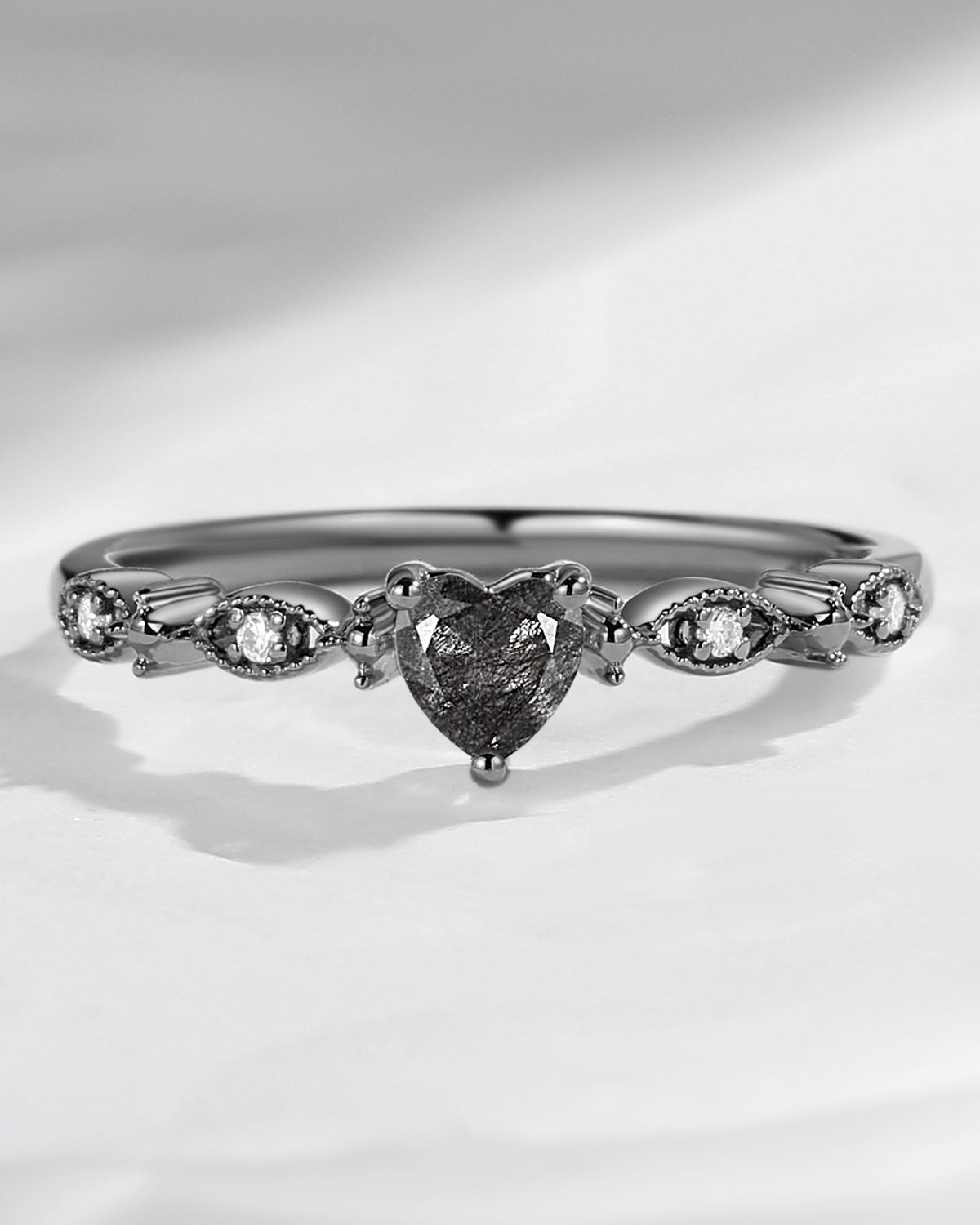 Dainty Heart Shaped Black Rutilated Quartz Classic Promise Ring