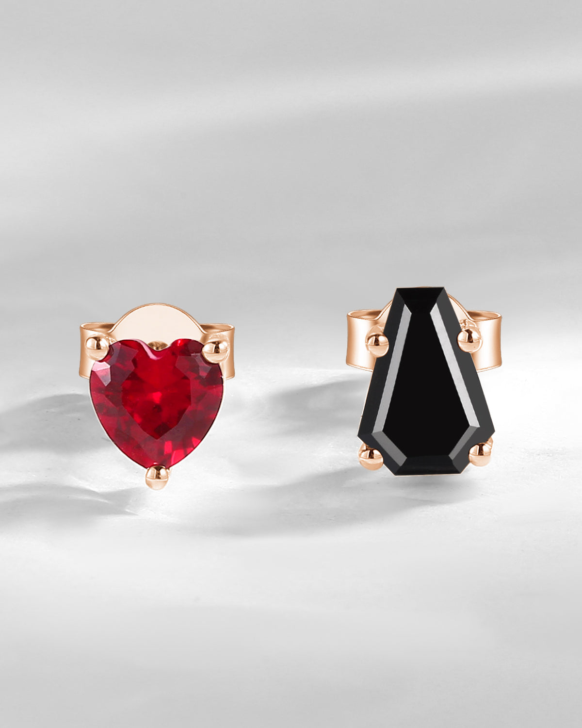 Black Moissanite And Lab Ruby Two Stone Coffin And Heart Cut Earrings - Toi Et Moi Earrings