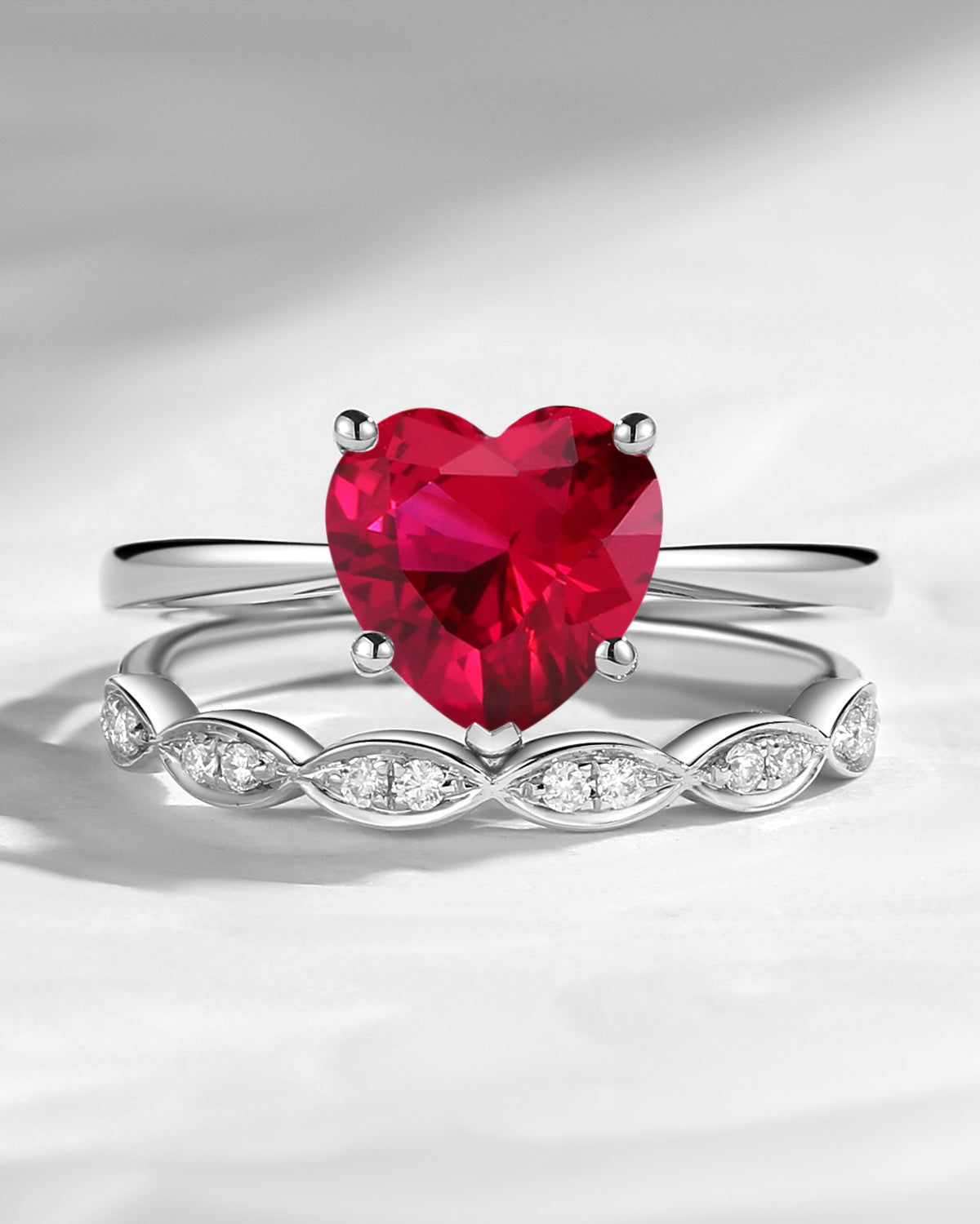 Unique Heart Shaped Solitare Lab Ruby Engagement Ring 2pcs Set
