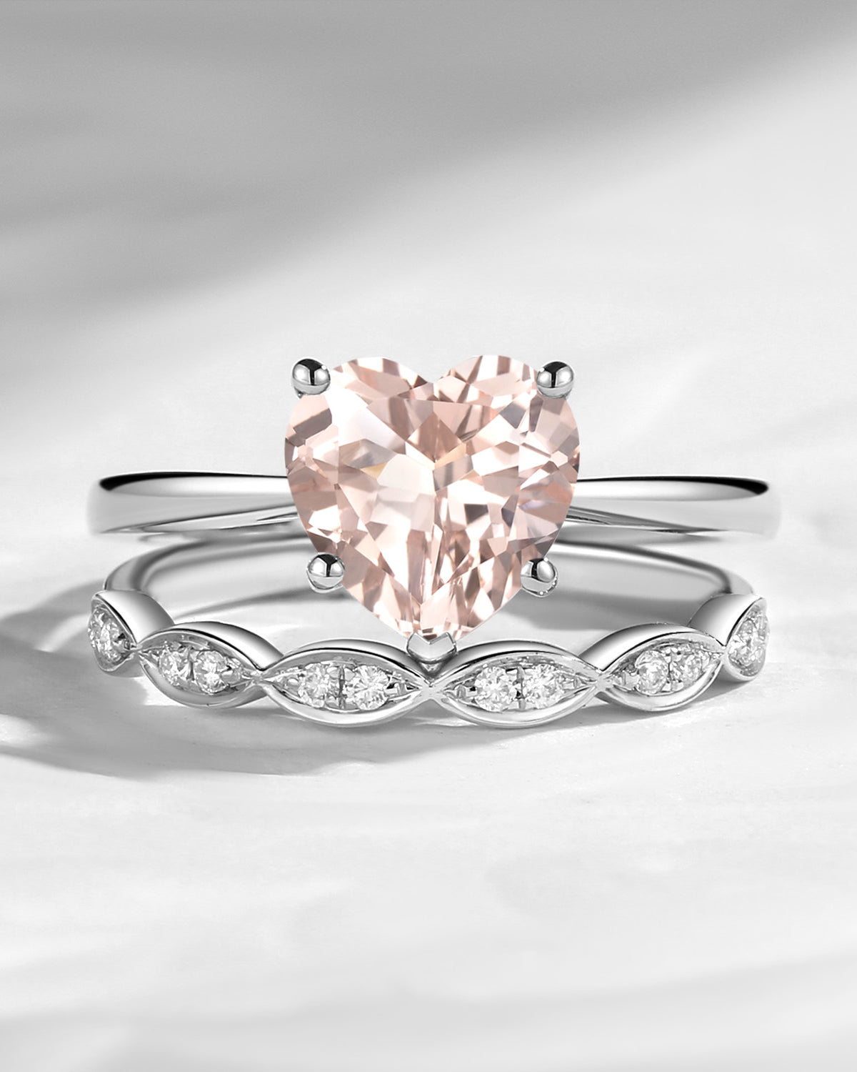 Unique Heart Shaped Solitare Morganite Engagement Ring 2pcs Set