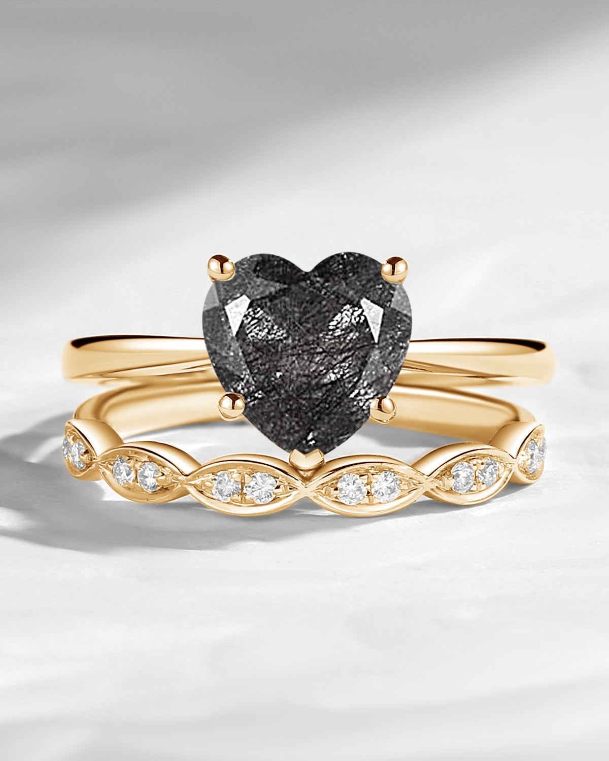 Unique Heart Shaped Solitare Black Rutilated Quartz Engagement Ring 2pcs Set