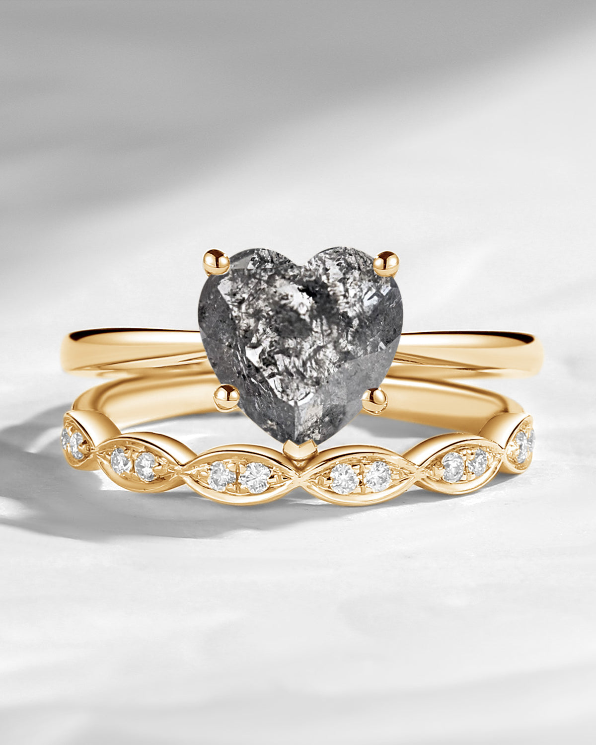 Unique Heart Shaped Solitare Natural Salt And Pepper Diamond Engagement Ring 2pcs Set