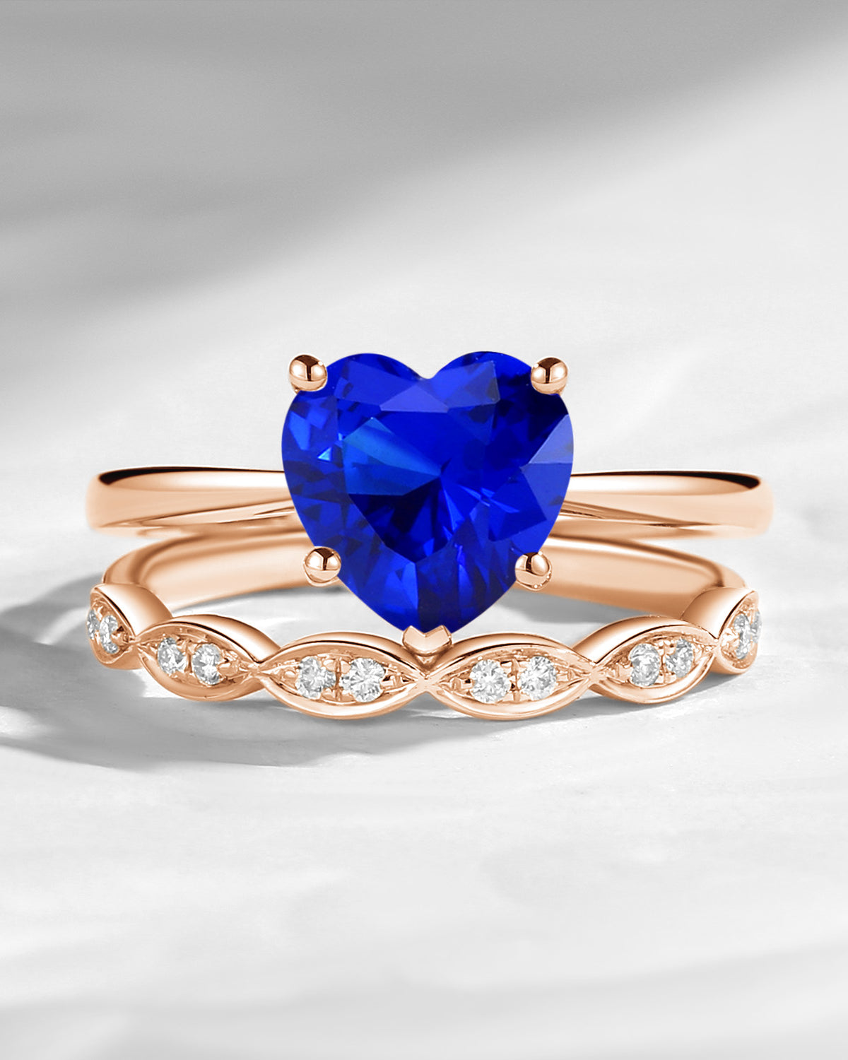 Unique Heart Shaped Solitare Lab Sapphire Engagement Ring 2pcs Set