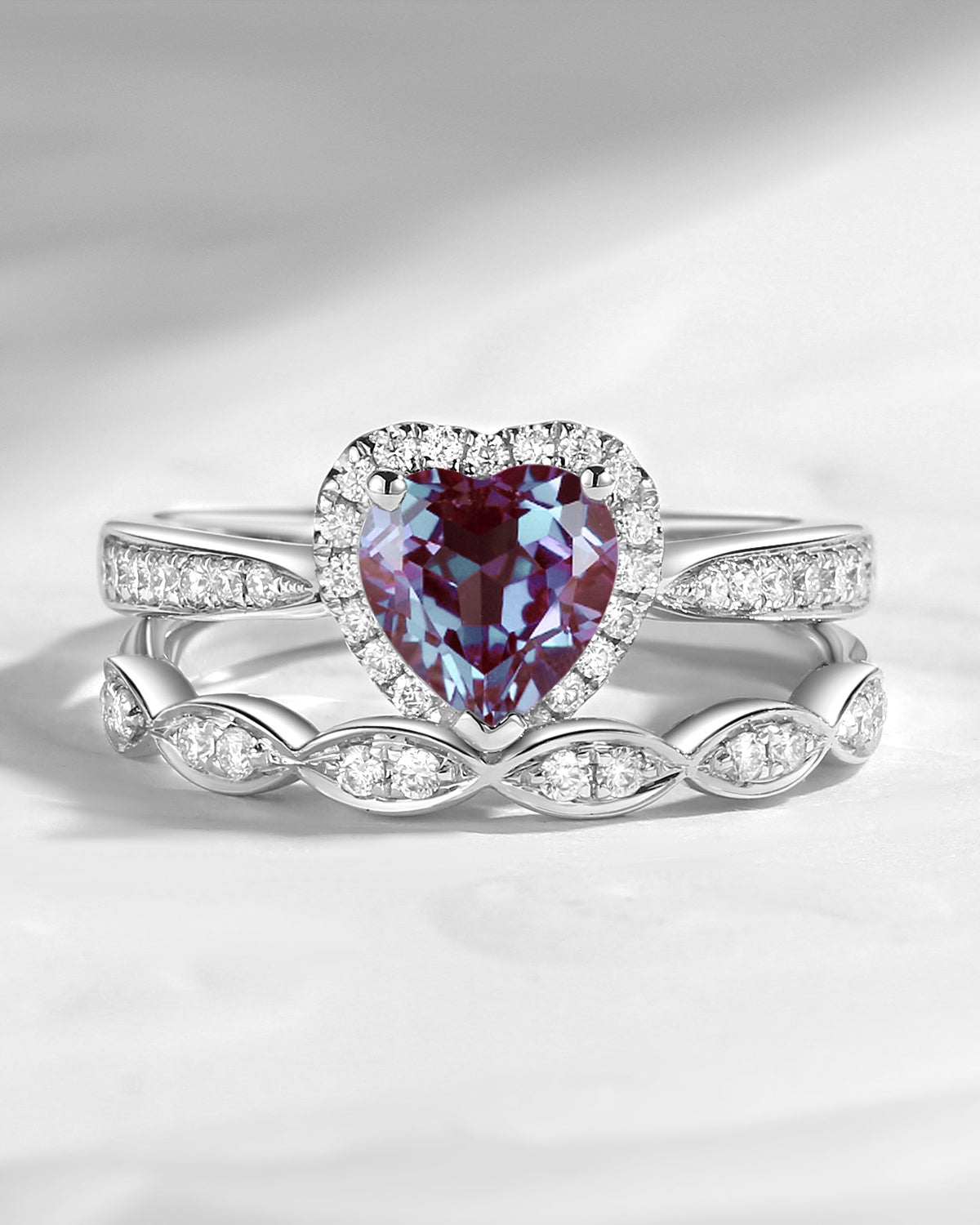 Unique Heart Shaped Halo Lab Alexandrite Engagement Ring 2pcs Set