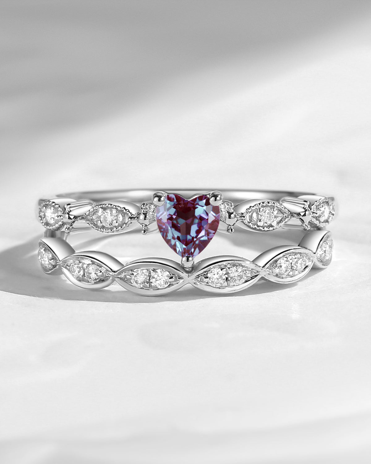 Dainty Heart Shaped Lab Alexandrite Classic Promise Ring Set 2pcs