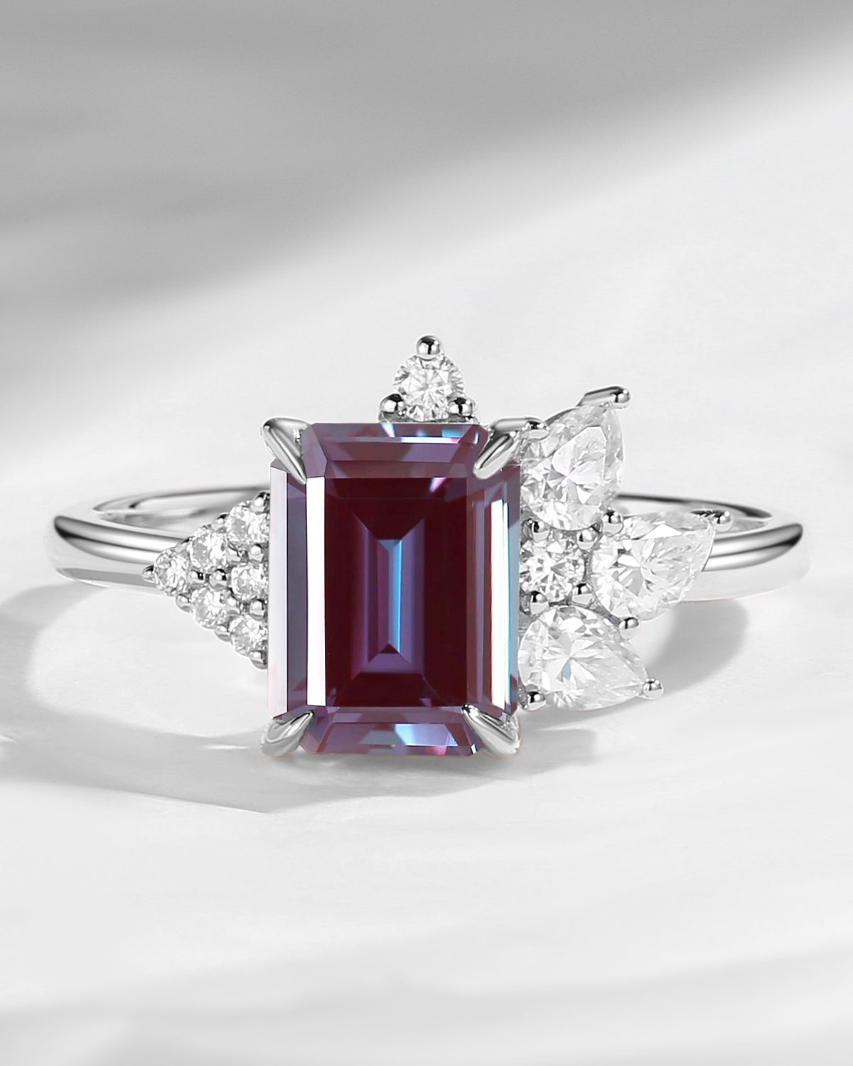 Art Deco Emerald Cut Lab Alexandrite Vintage Cluster Engagement Ring