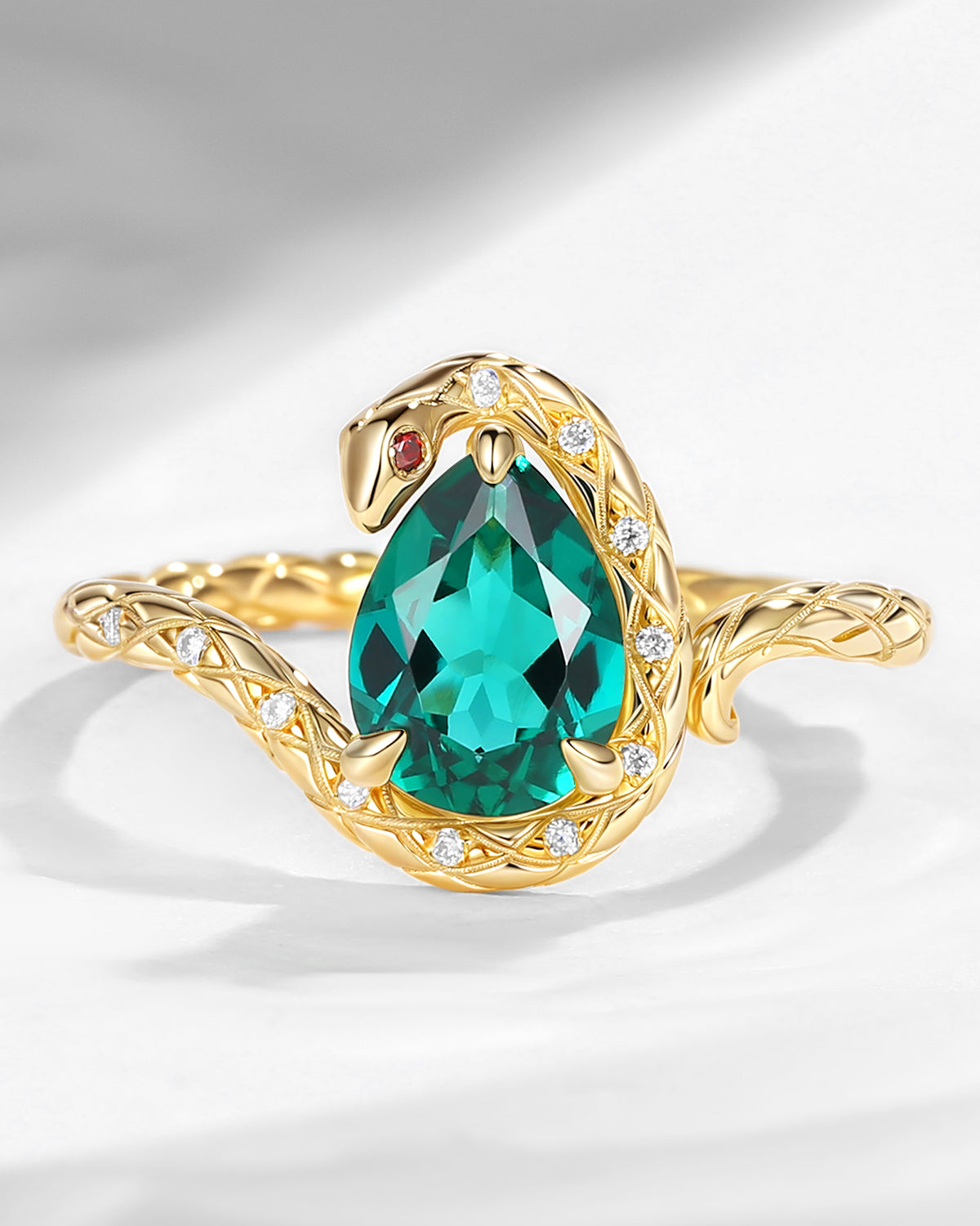 'Serpent's Embrace'- Unique Twist Pear Cut Lab Emerald Black Gold Engagement Ring